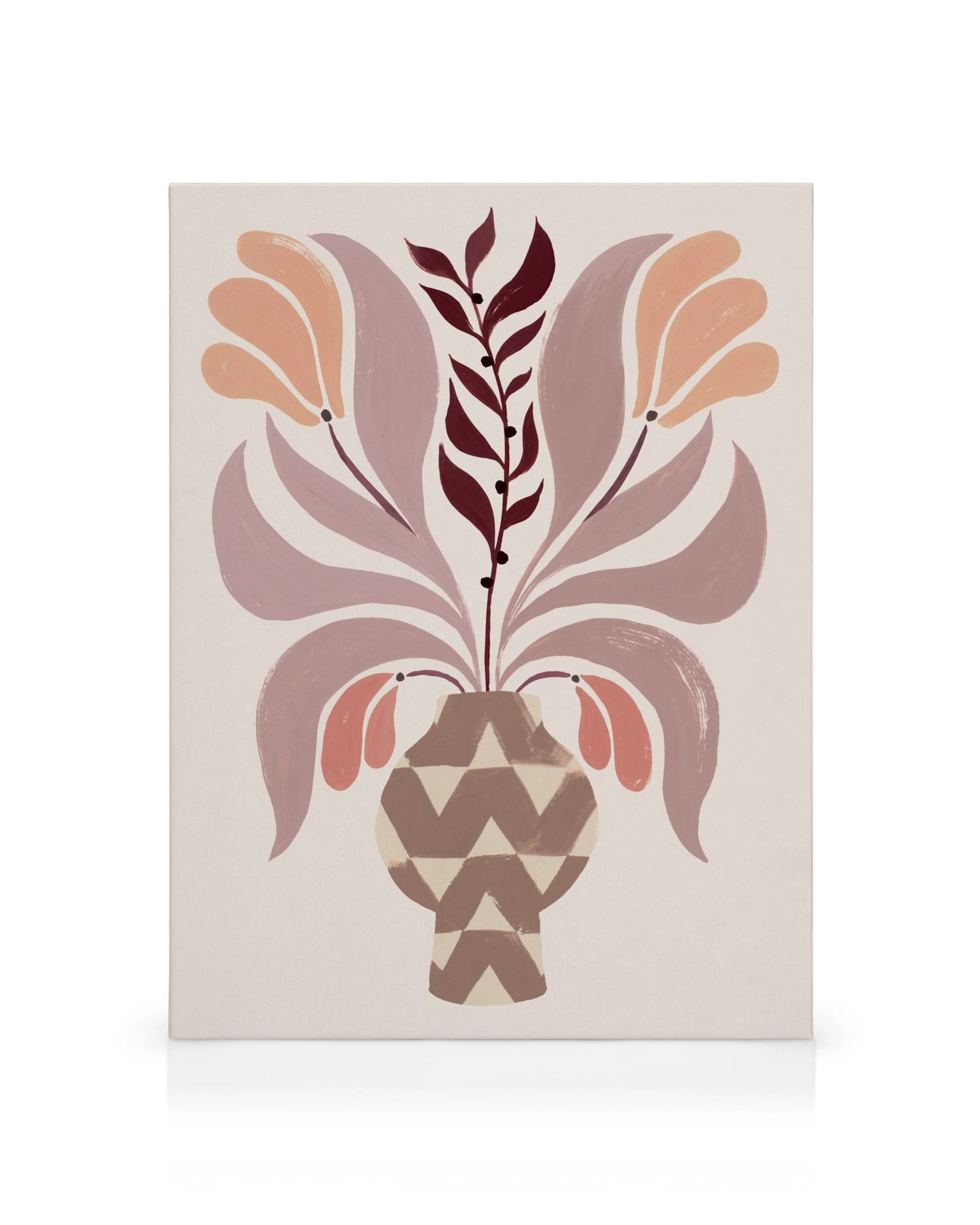 Toile botanique stylisée avec pot en zig-zag, feuilles roses et brunes, créant une décoration murale élégante.