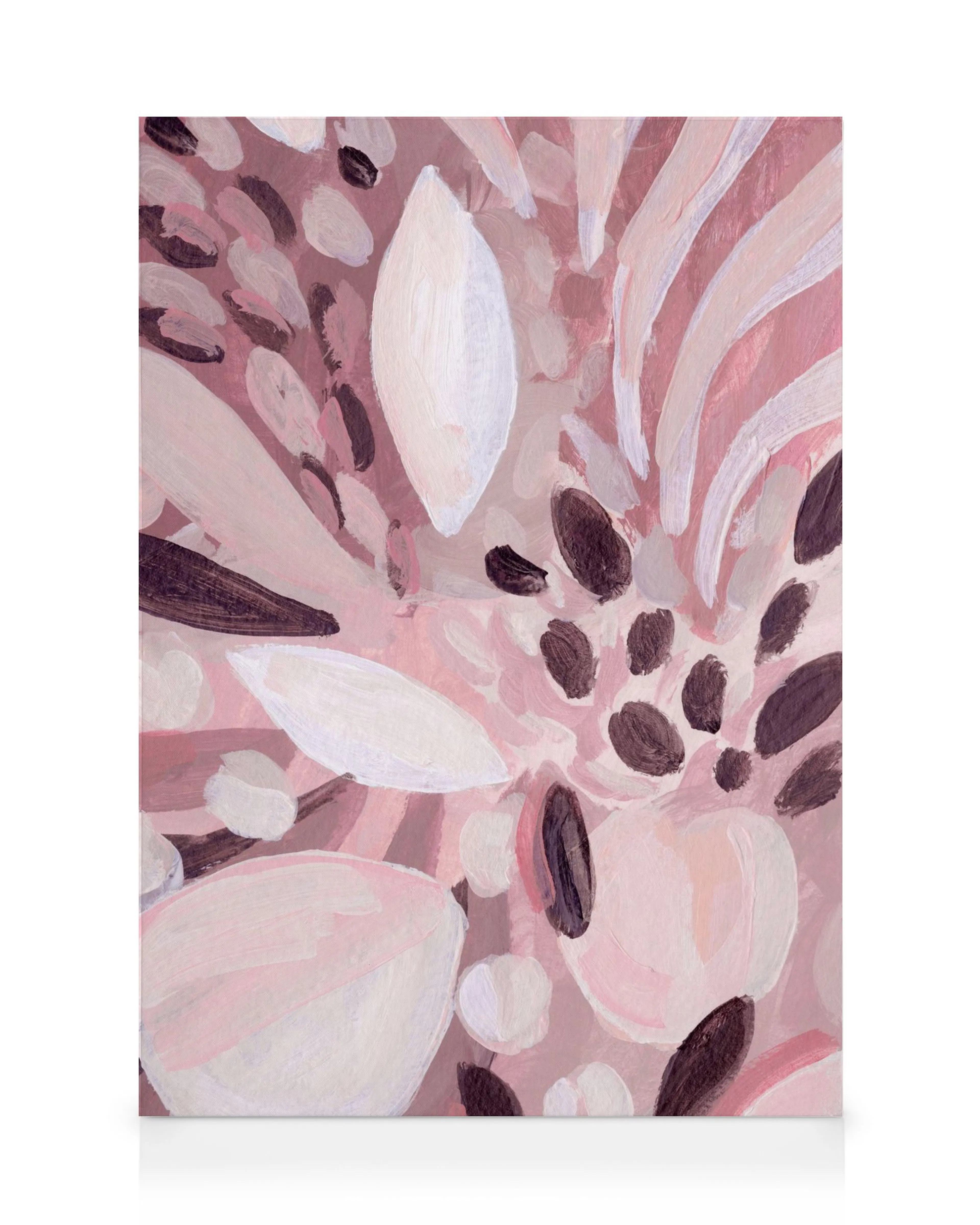 Lienzo abstracto con pinceladas rosas, blancas y marrones que evocan semillas o pétalos sobre un fondo rosa claro.