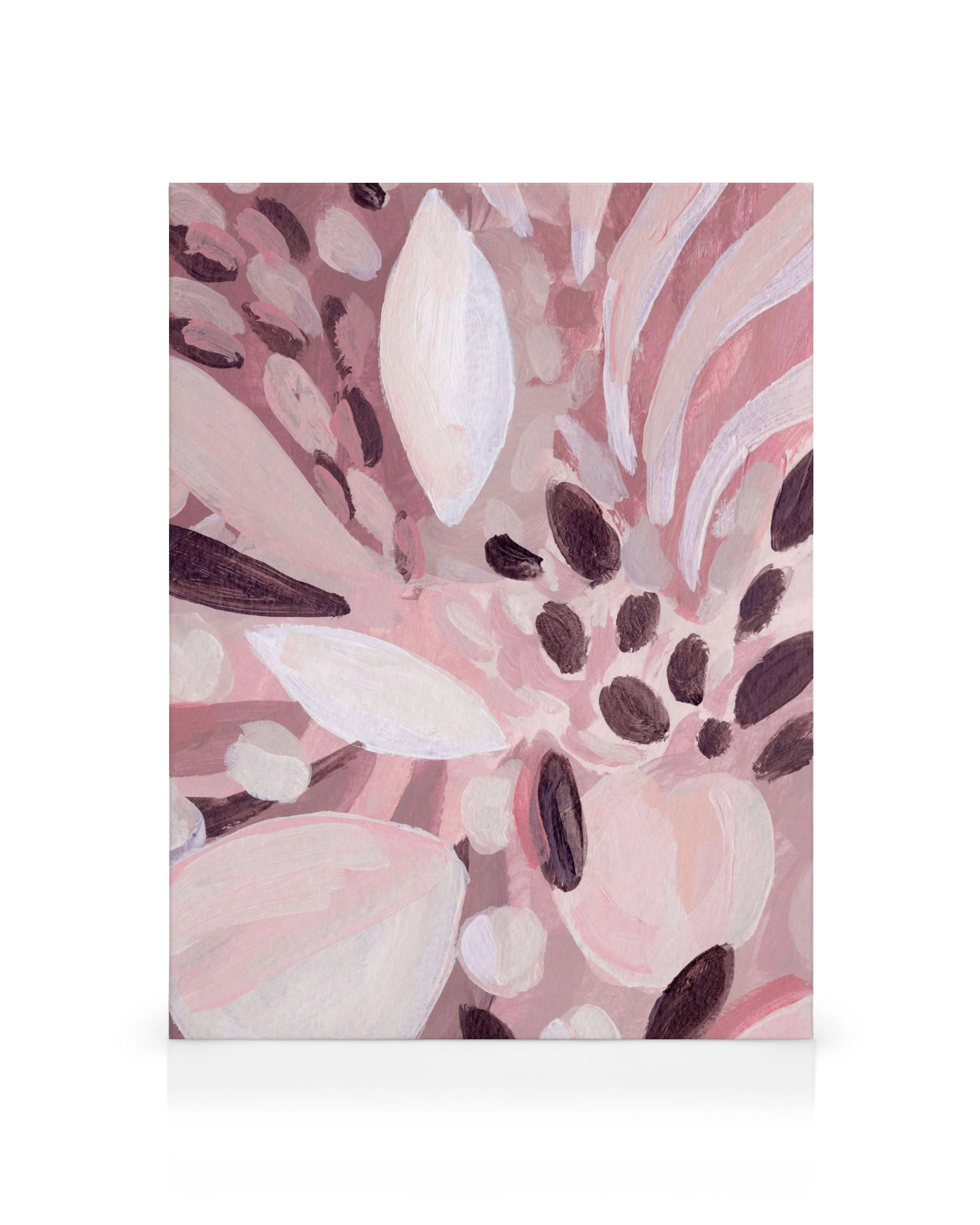 Le Jardin No13 canvas print, abstract art with pink, white, and brown brush strokes resembling seeds or petals.