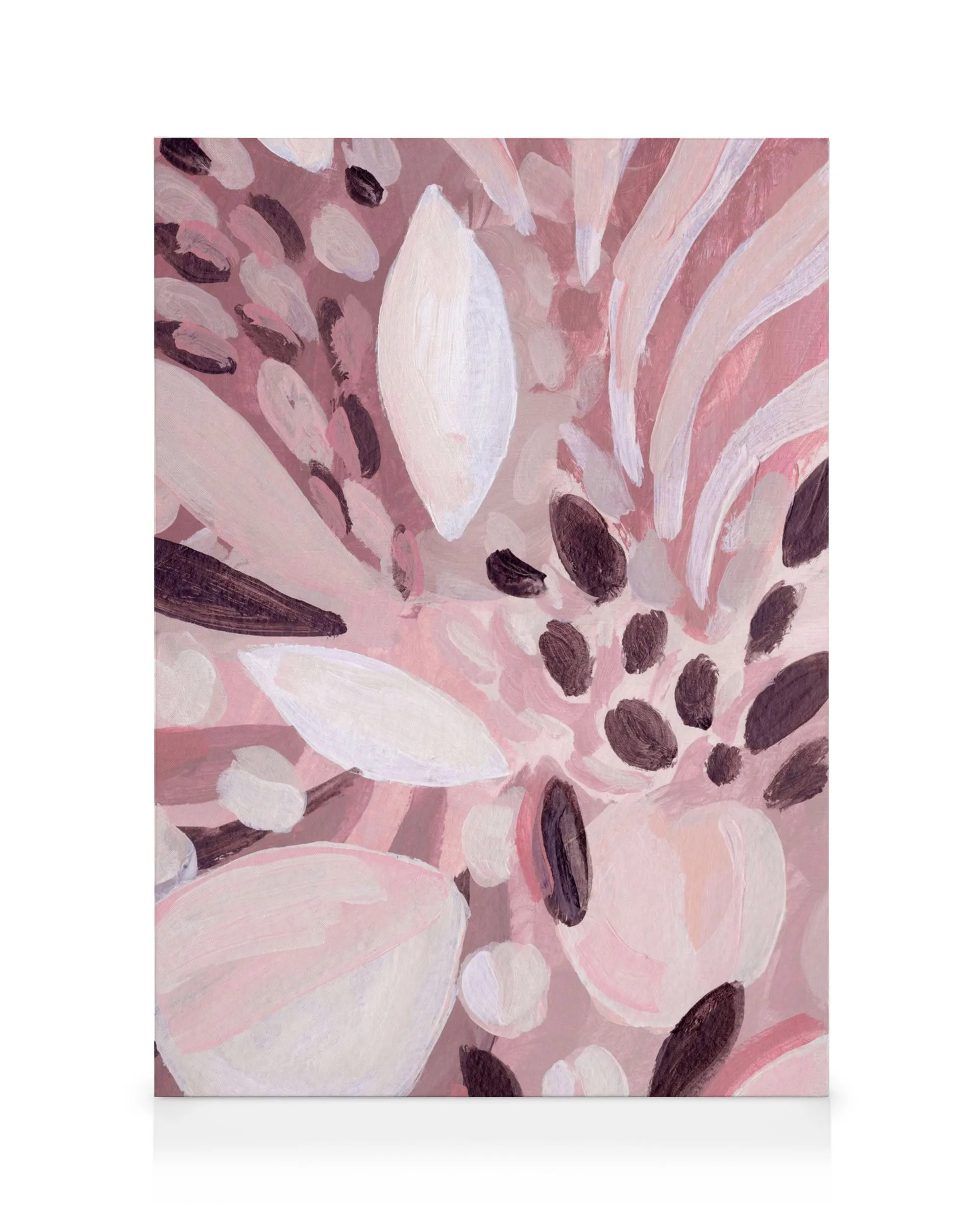 Toile abstraite rose clair avec des coups de pinceau blancs, roses et bruns, ressemblant à des graines ou des pétales.