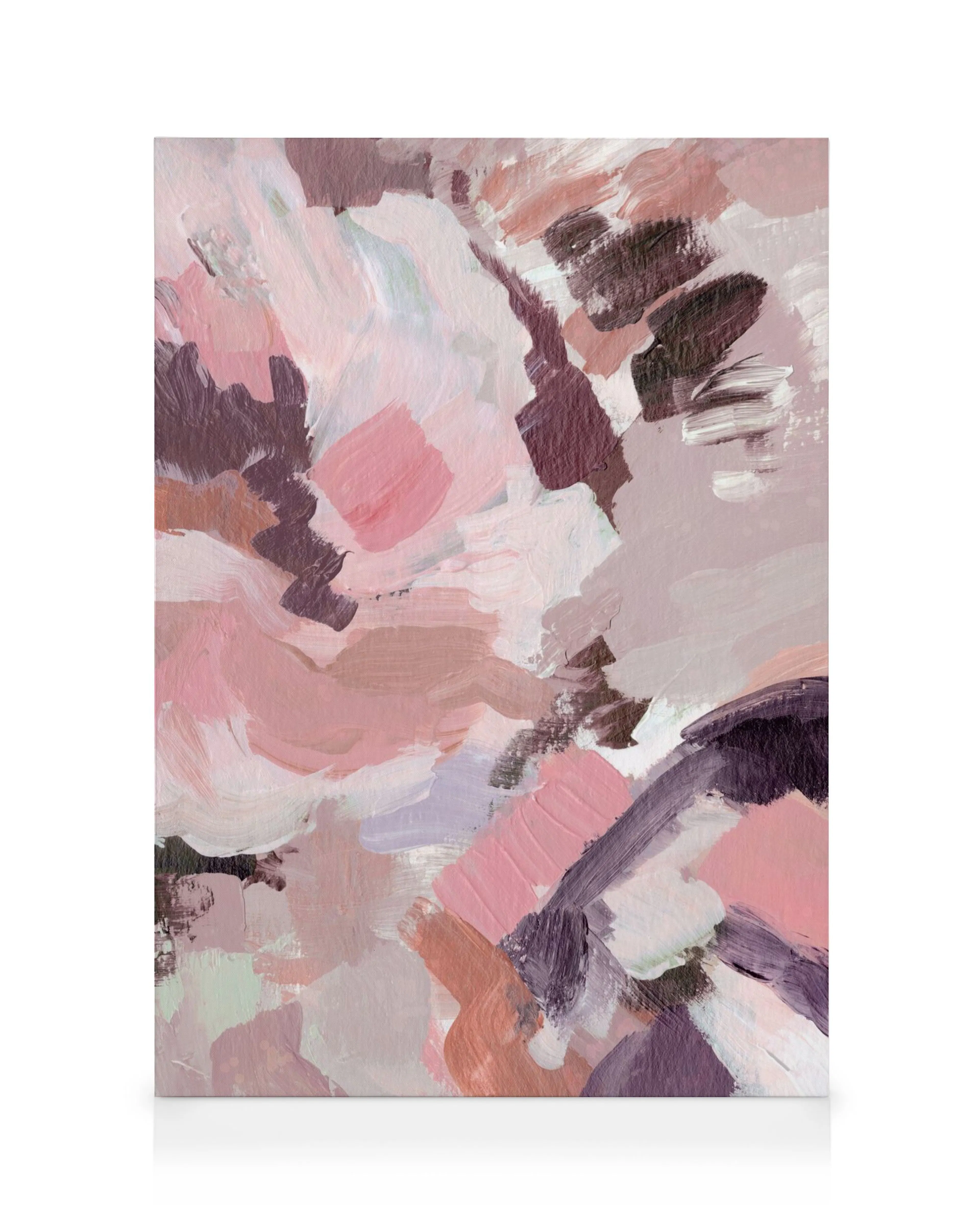 Abstract canvas print with varied brushstrokes in pink, white, brown, and purple, creating a textured surface.