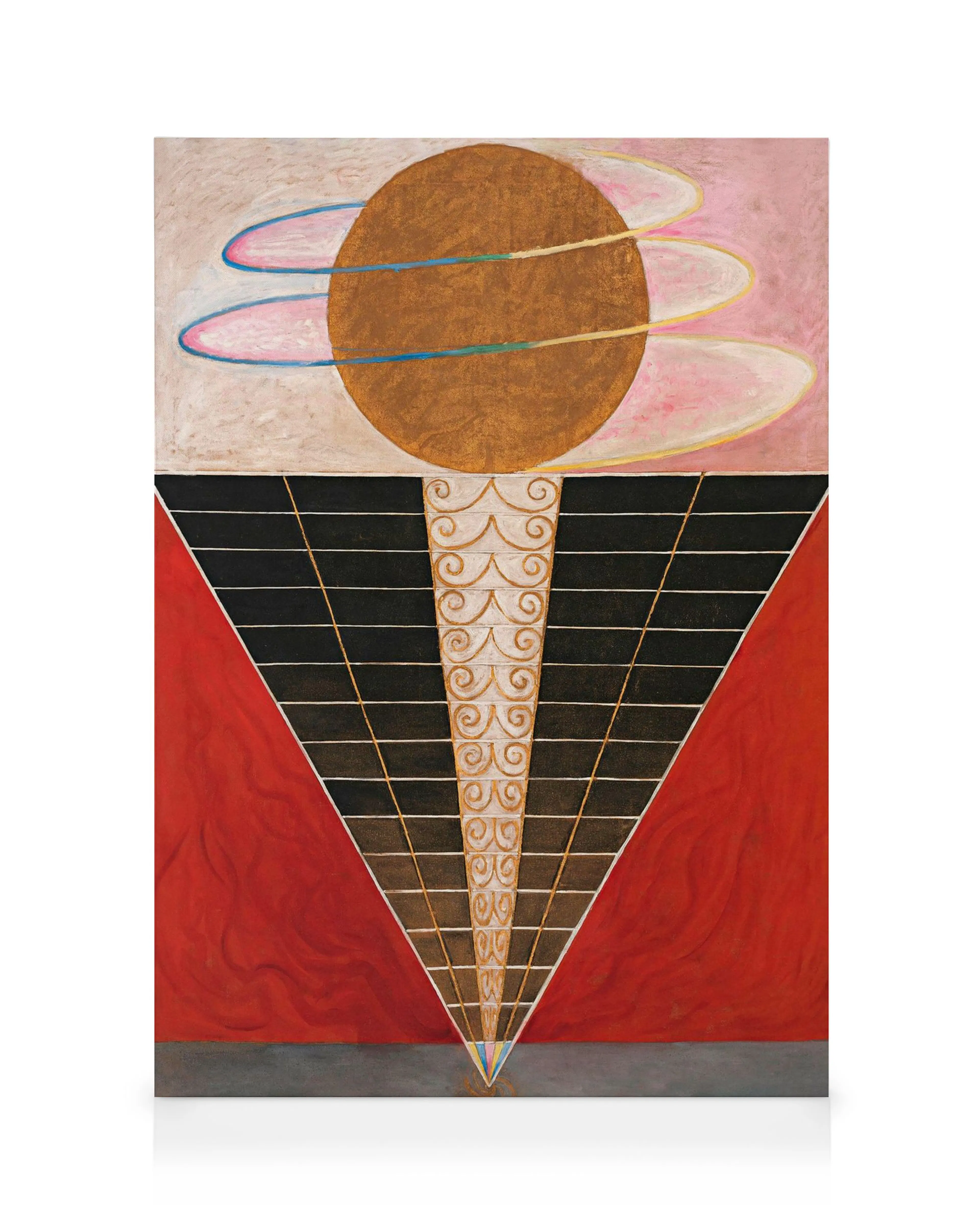 Abstract canvas met bruine cirkel, ringen en spiraalpatronen op een kegel, tegen rood, zwart en roze geometrische achtergrond.