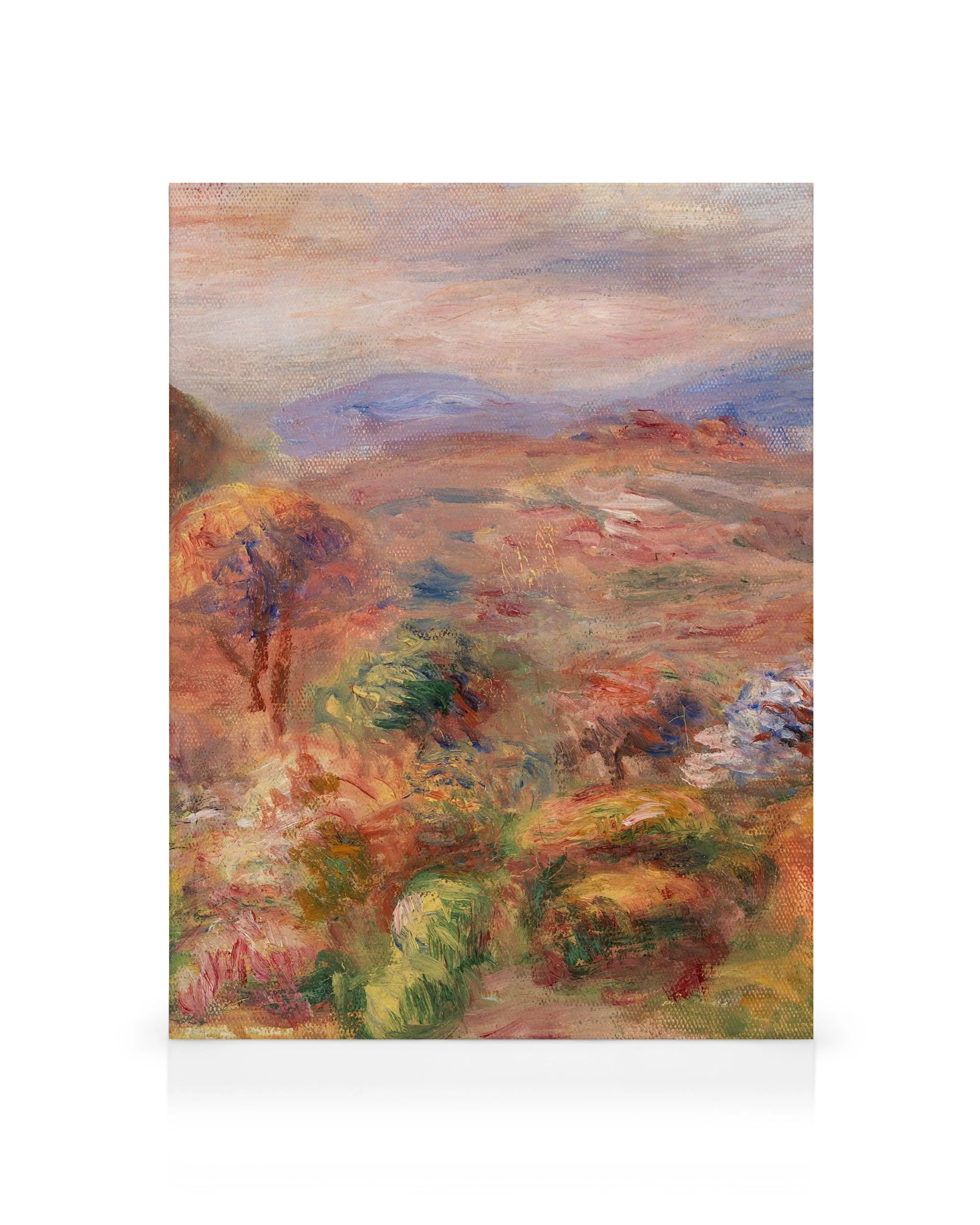Renoirs Landscape oil painting featuring rolling hills and vibrant brushstrokes in warm earth tones and soft blues.