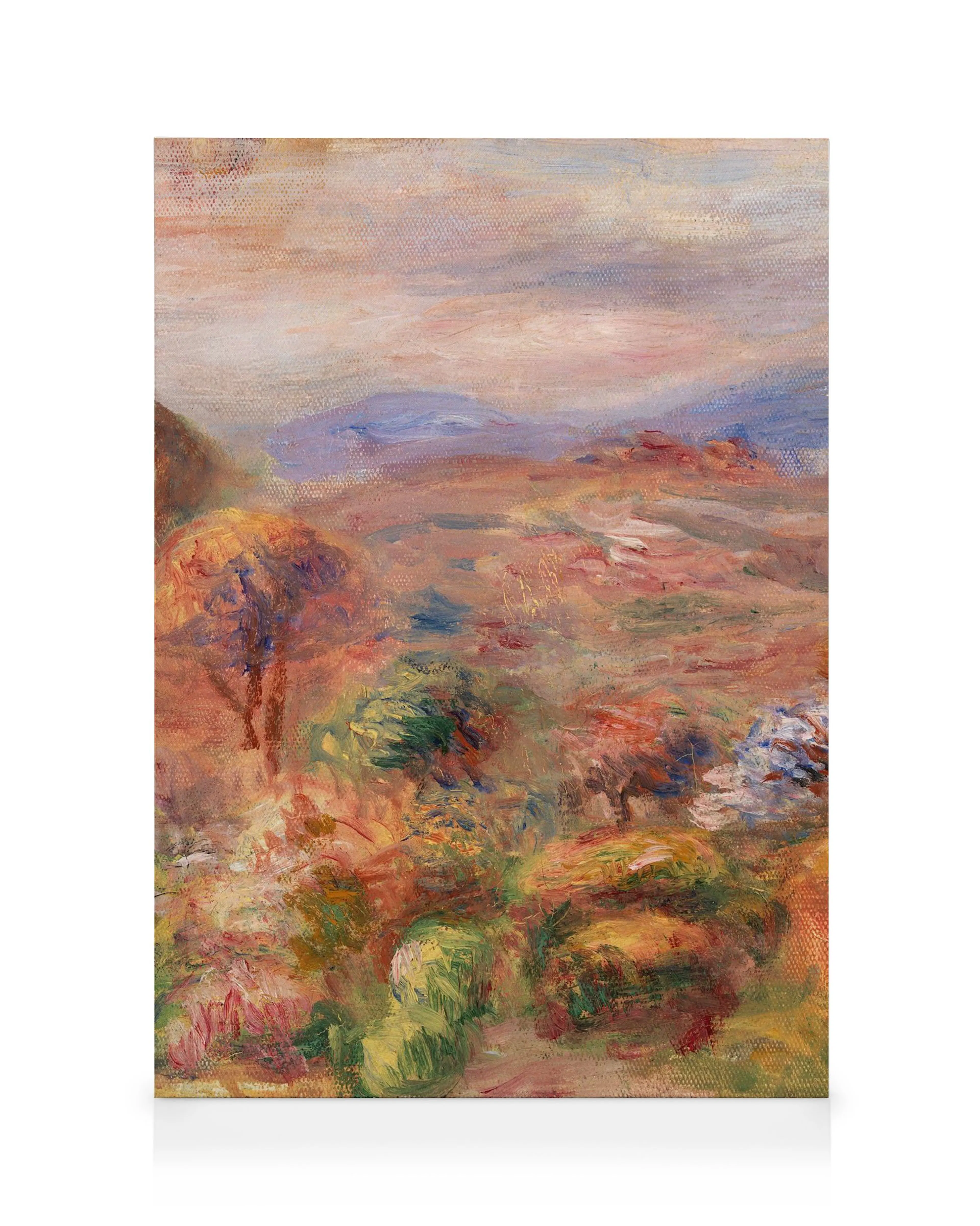 Kleurrijk impressionistisch landschapsschilderij op canvas met rode, groene, blauwe en witte tinten, Renoir stijl