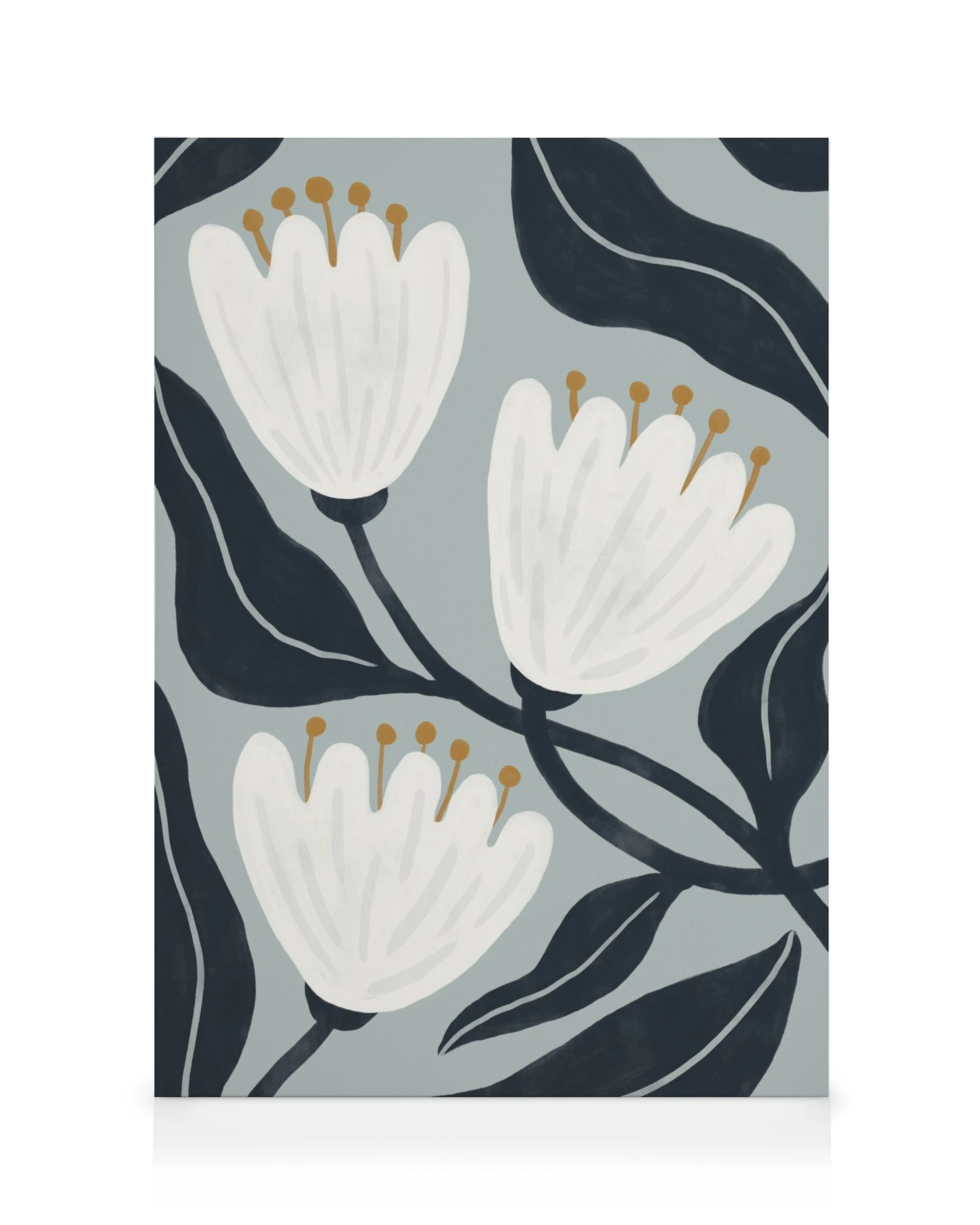 Grafische canvas met drie witte bloemen, ronde bloemblaadjes, zwarte stelen en groene bladeren op een grijze achtergrond.