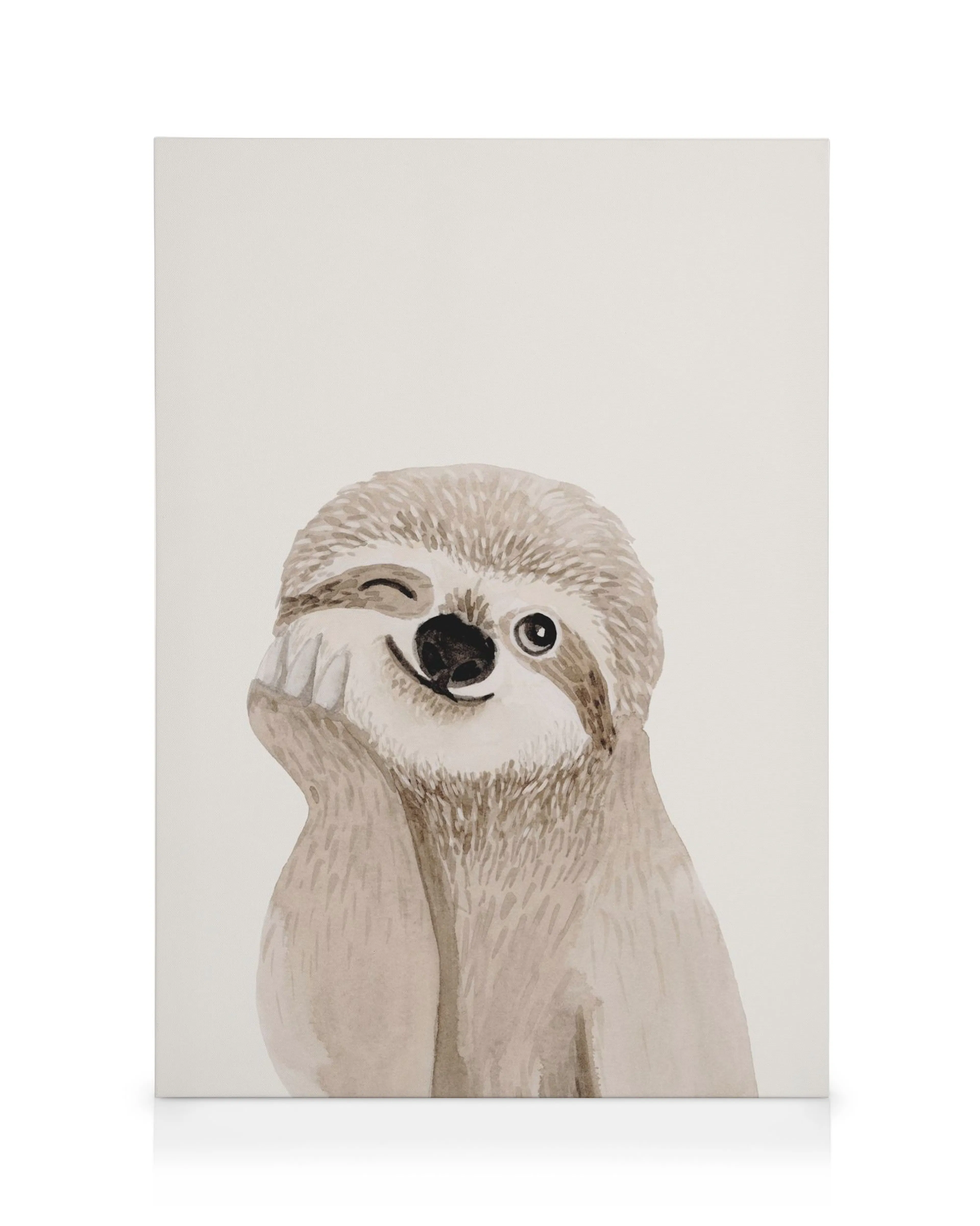 Winking cheeky sloth cartoon canvas print with brown and grey tones, perfect for kids rooms.
