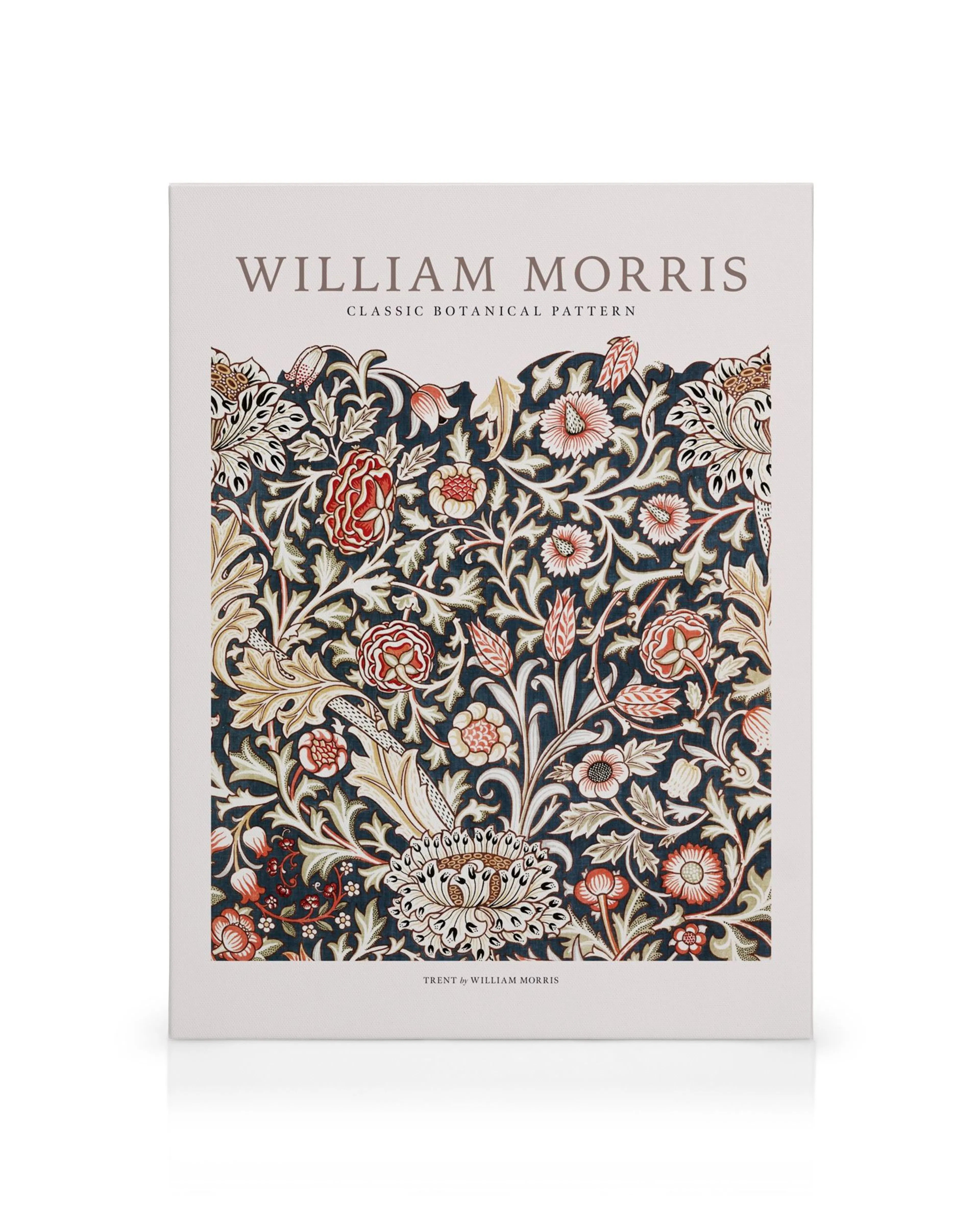 A canvas print featuring a classic William Morris botanical pattern with red, cream, and green flowers and leaves on a dark back