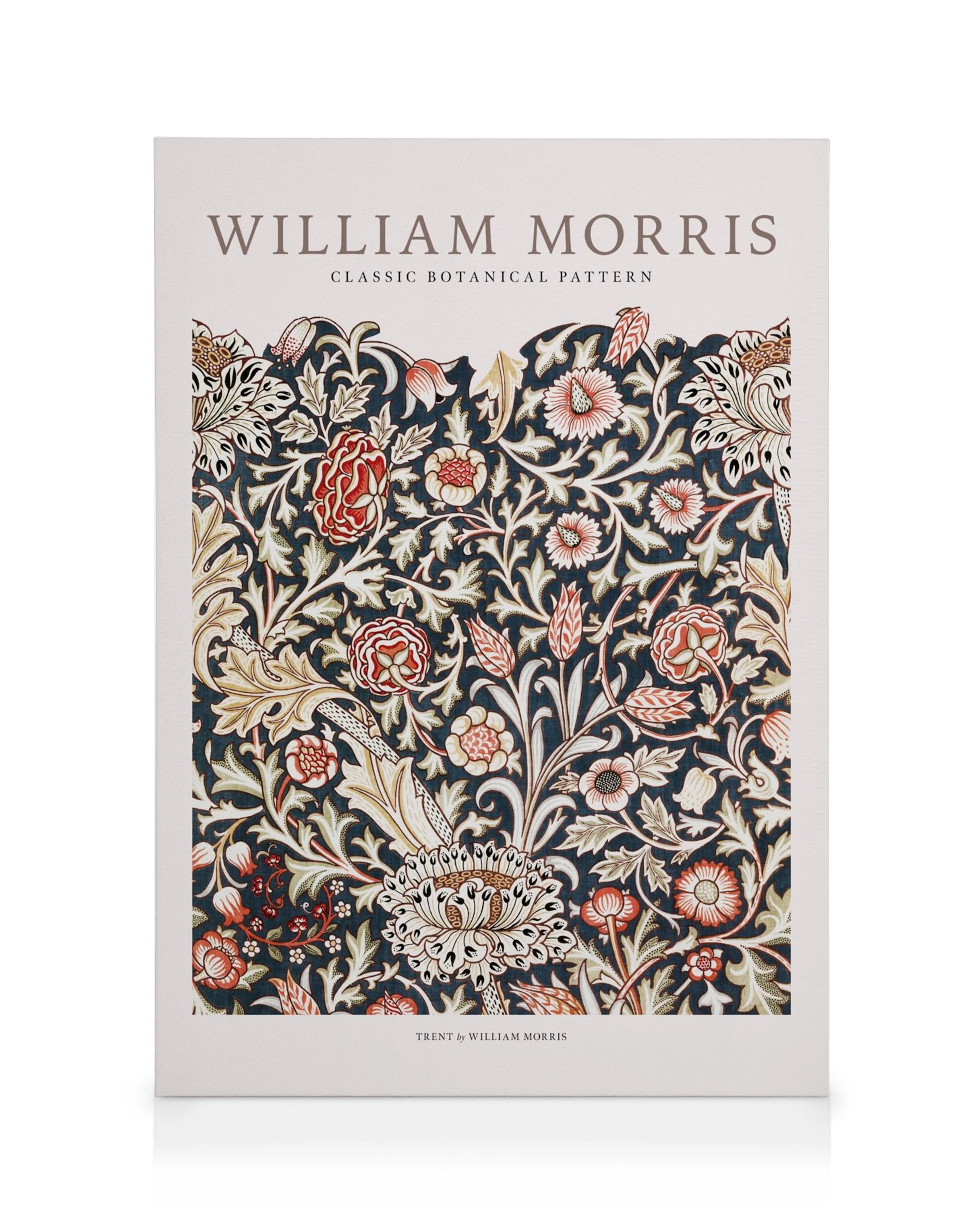 Toile William Morris avec motif floral botanique vintage, feuilles et fleurs rouges, beiges et blanches sur fond marine.