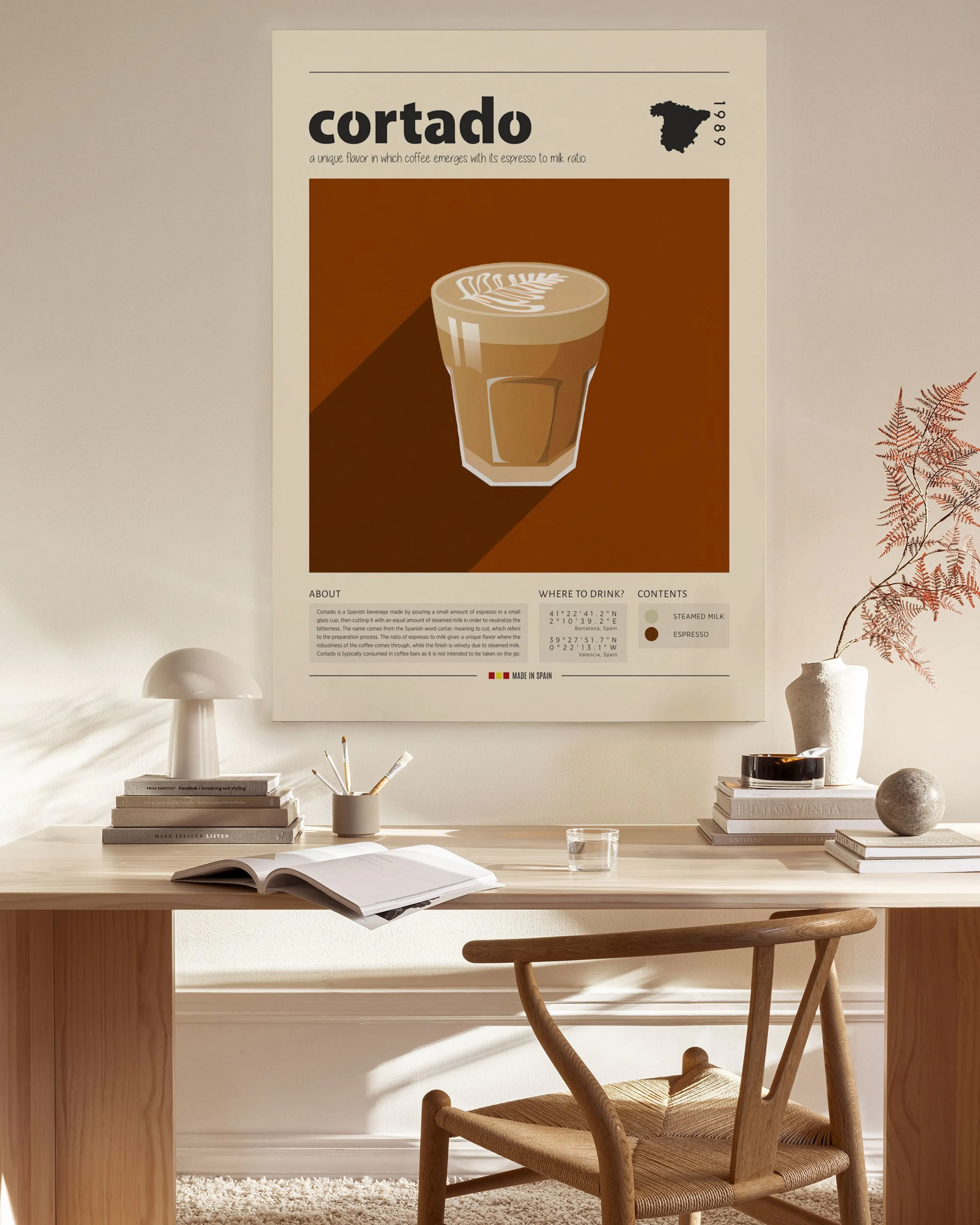 Καμβάς με σχέδιο Cortado, με ένα ποτήρι καφέ με αφρόγαλα και κείμενο, ιδανικός για μοντέρνο σαλόνι.