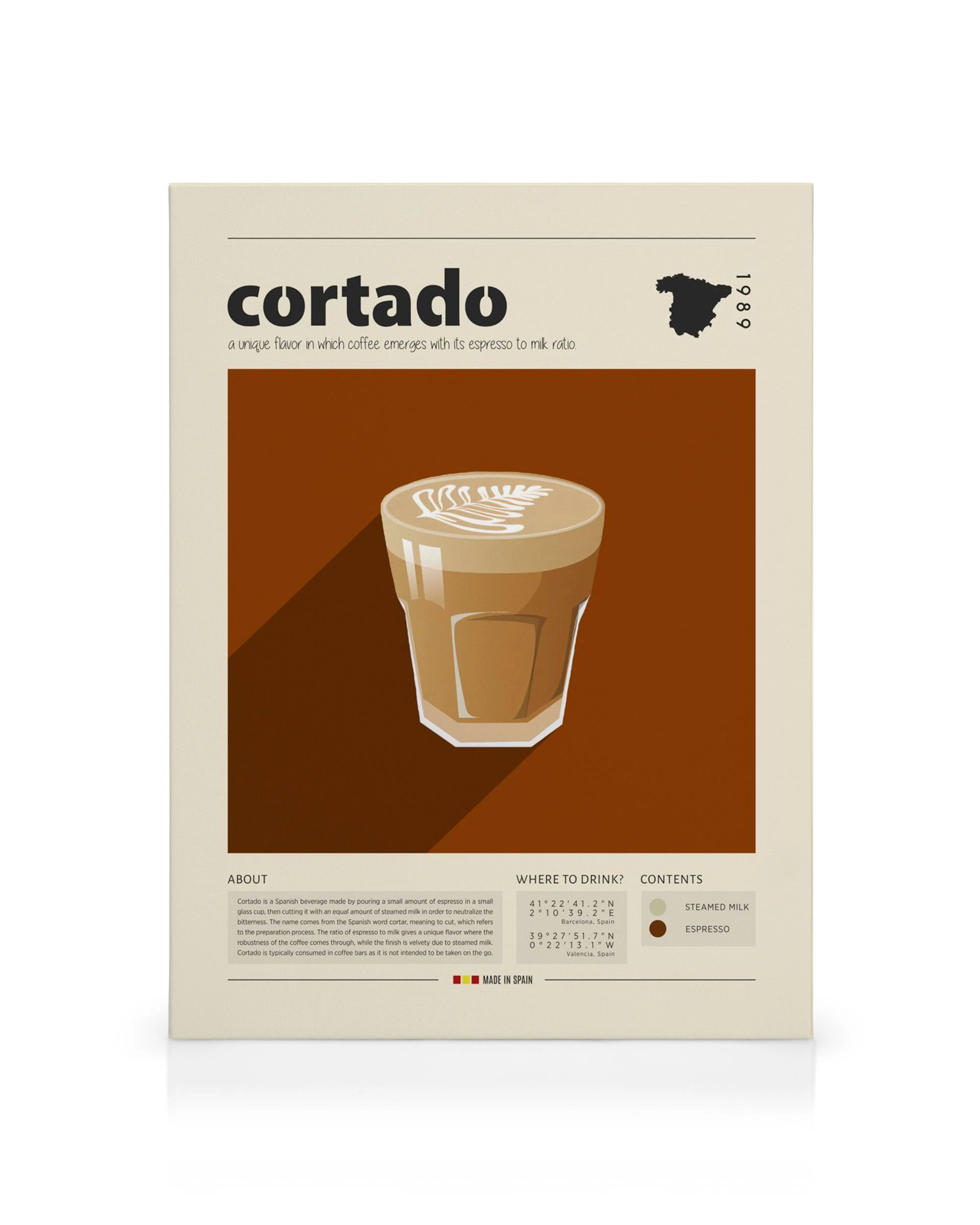 A canvas print showcasing a Cortado coffee illustration with a glass cup on a brown background, accompanied by text describing t