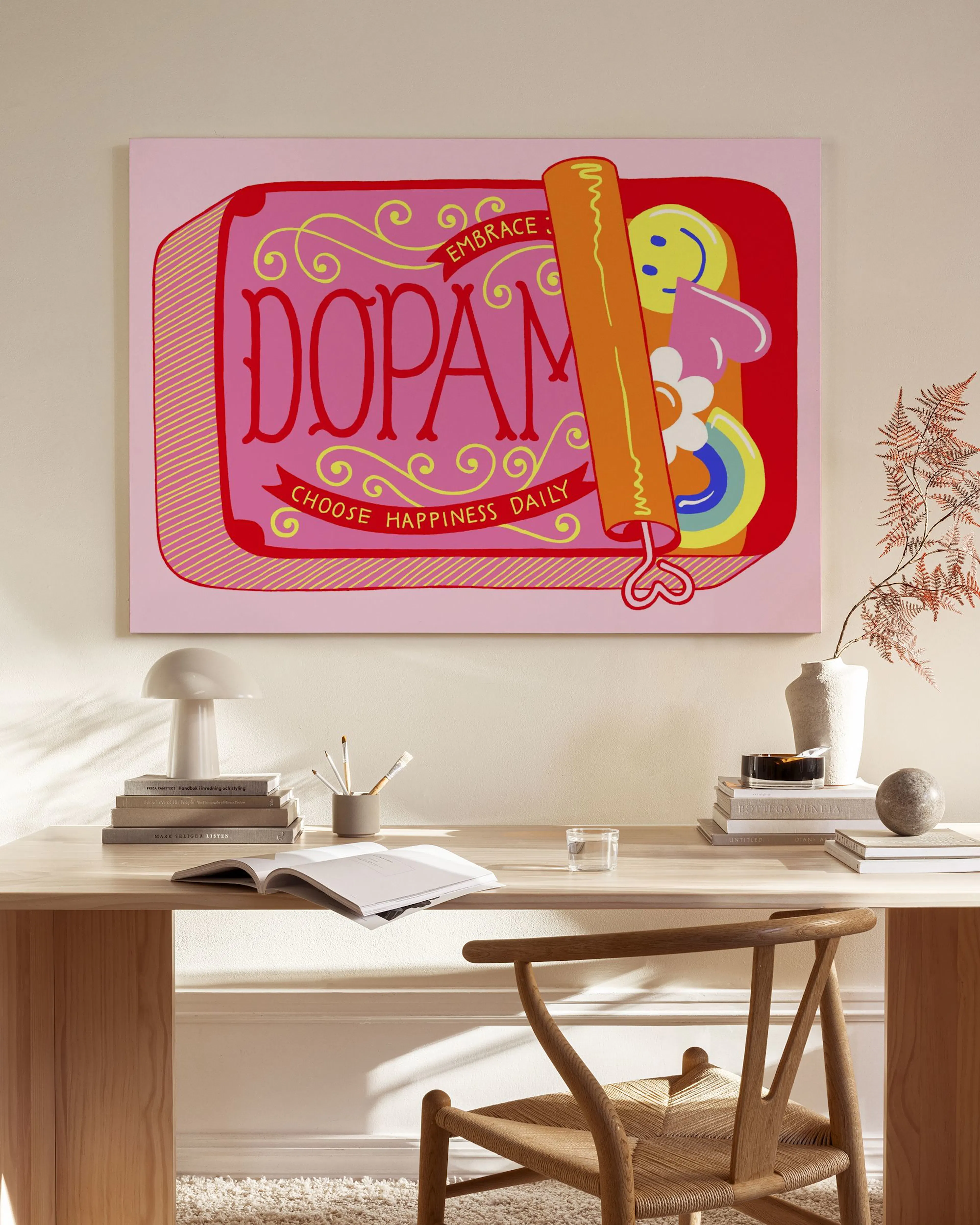 Pop art canvas print of a pink DOPAMINE box with EMBRACE and CHOOSE HAPPINESS DAILY text, alongside a yellow smiley face and rai
