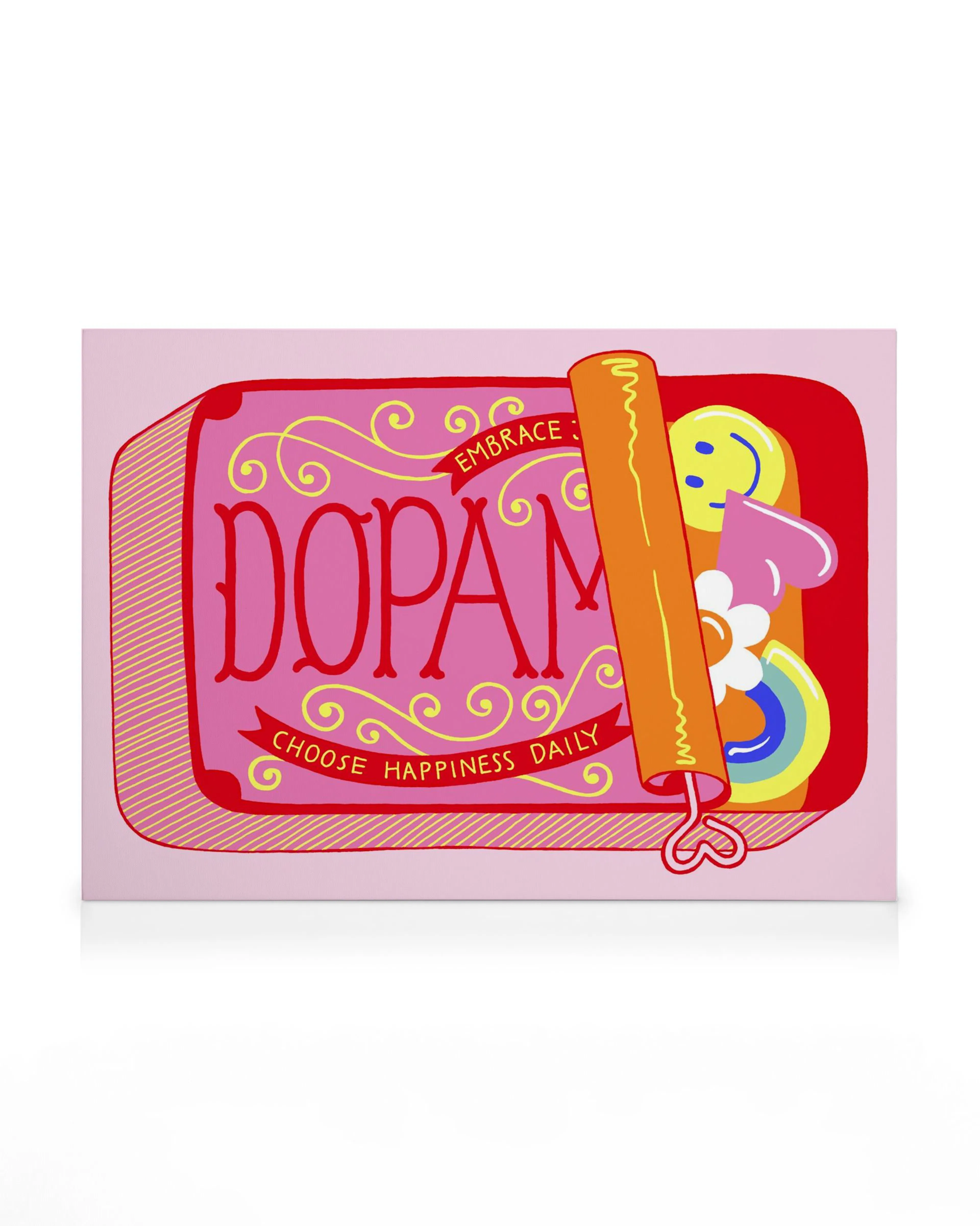 A colourful canvas print featuring the word DOPAMINE in pink on a red background, with Embrace and Choose Happiness Daily text, 