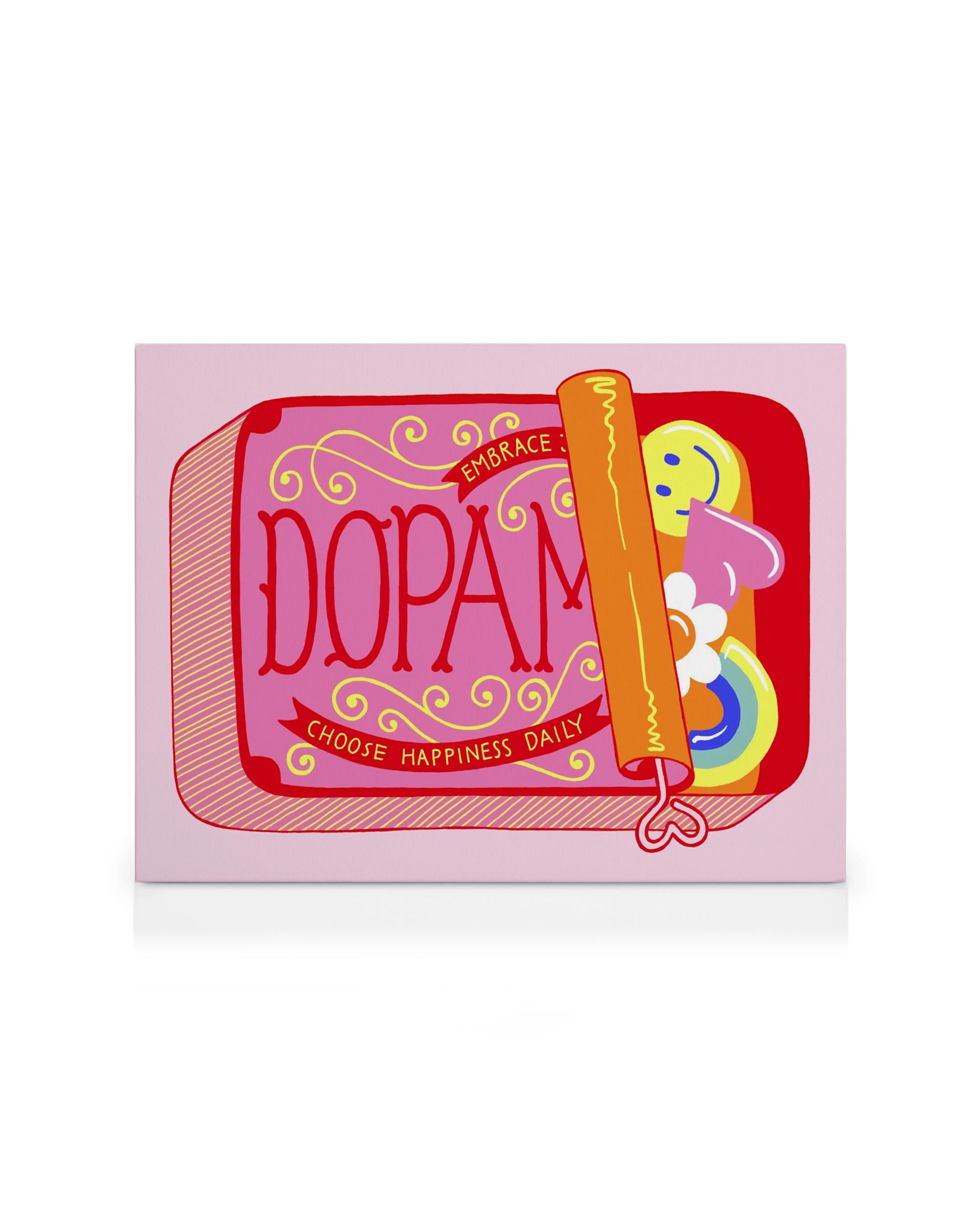 Lienzo con diseño retro de caja de chicle rosa Dopamine y texto Embrace choose happiness daily con emoticonos.