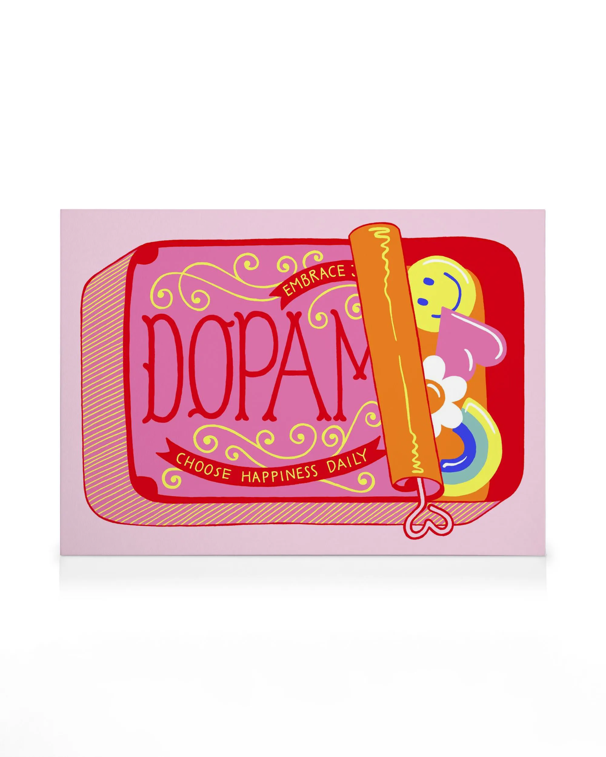 Leinwandbild mit rosa Hintergrund, der den Schriftzug Dopamine, Embrace und Choose Happiness Daily in Rot zeigt. Daneben sind ei