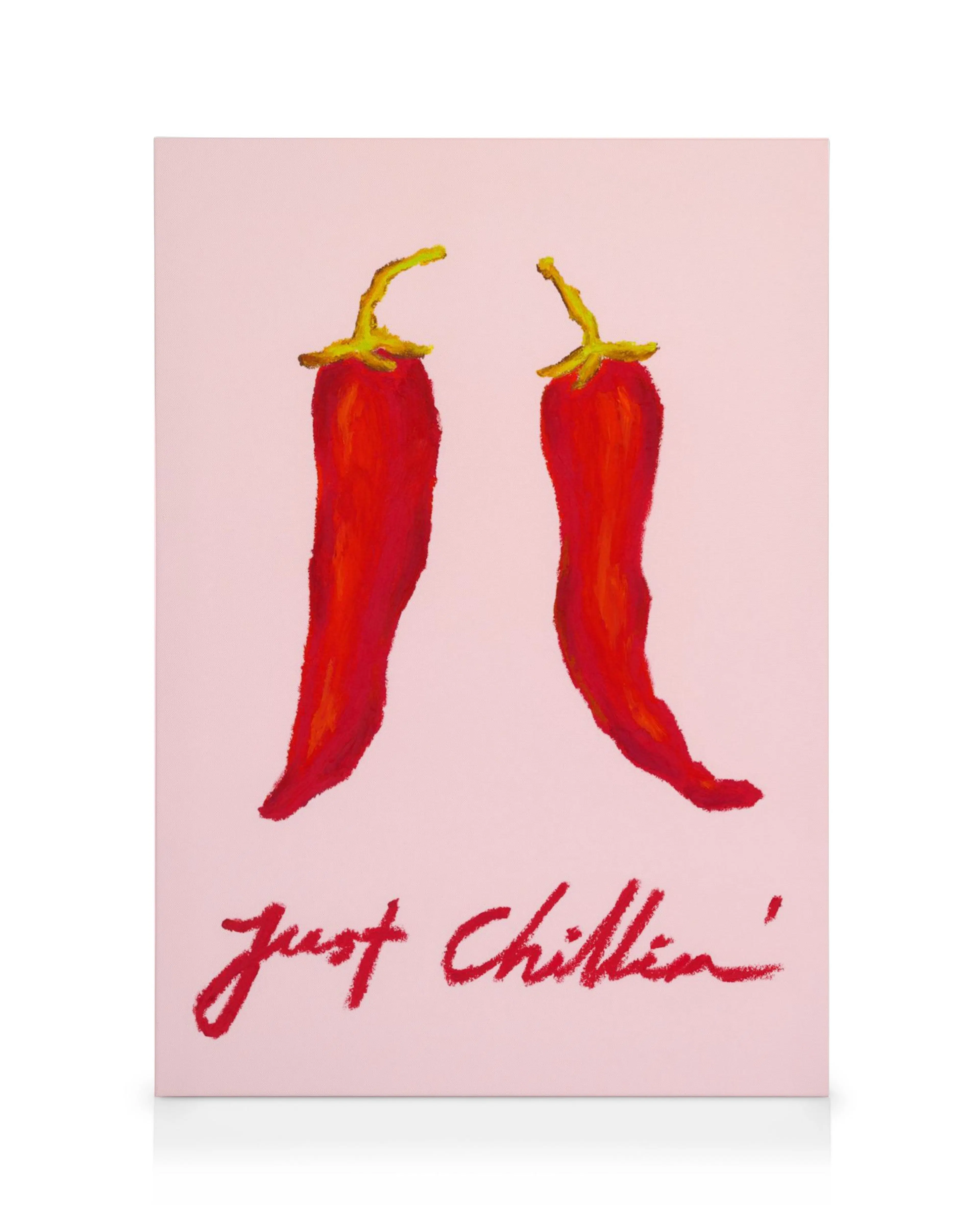 Leinwandbild mit zwei roten Chilischoten auf rosa Hintergrund und dem Schriftzug Just Chillin.