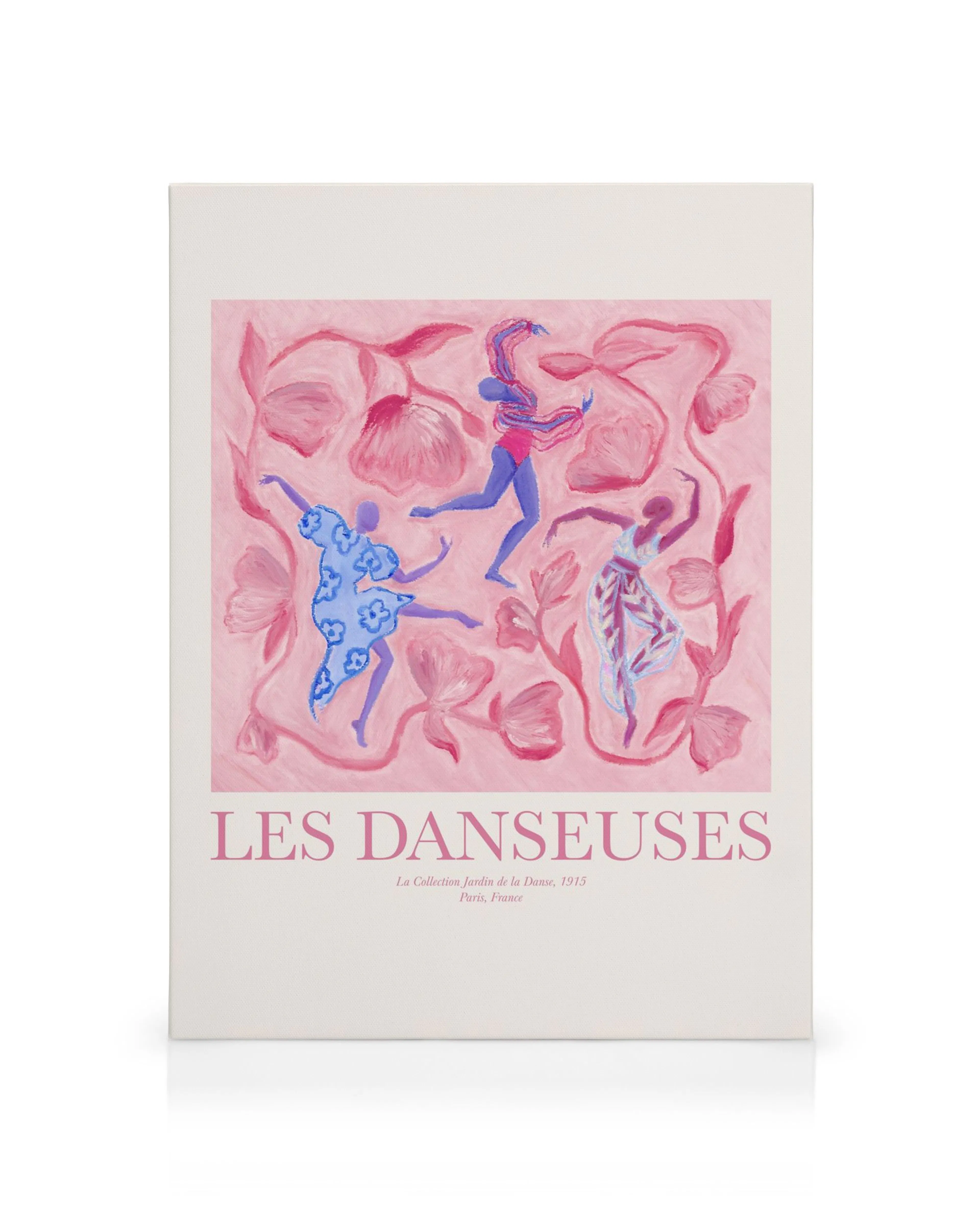 A canvas print portraying three dancers in blue and purple against a pink floral background, titled LES DANSEUSES.