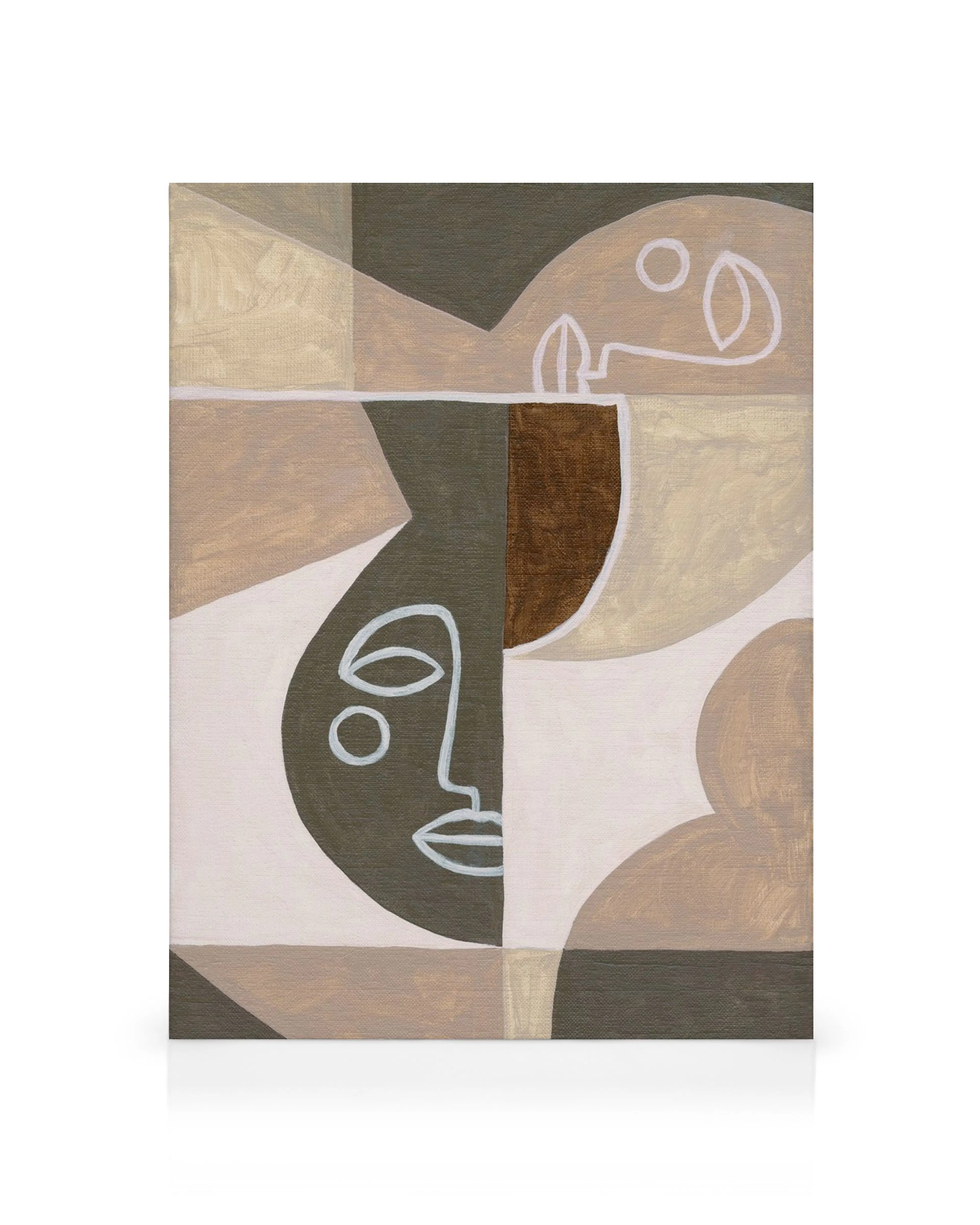 Stampa su tela cubista con volti astratti in tonalità neutre, arte moderna per interni minimalisti.