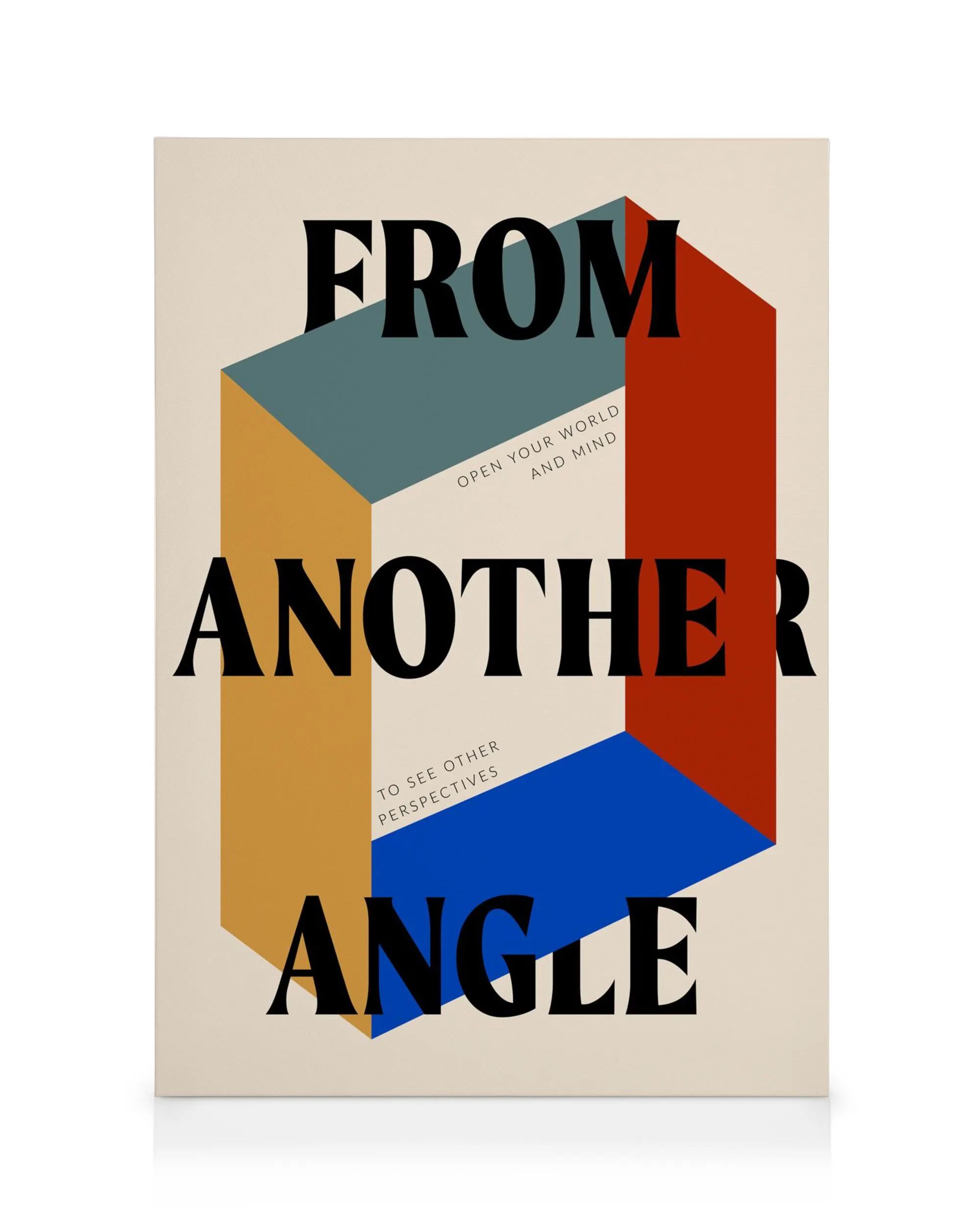 Geometrisches Leinwandbild mit Text FROM ANOTHER ANGLE und einem 3D-Würfel in Rot, Blau, Grau und Gold.