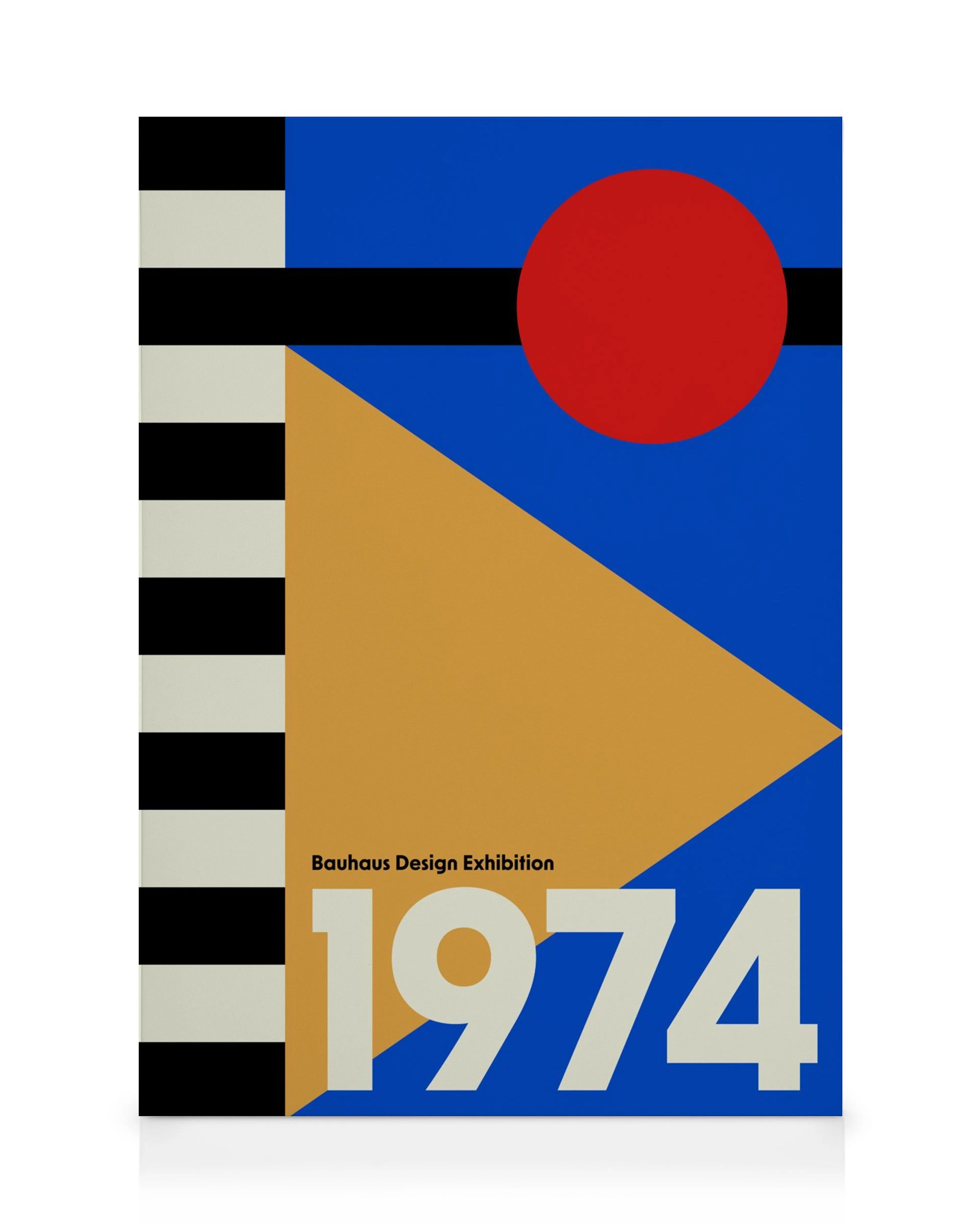 Bauhaus-inspired canvas print with bold geometric shapes in blue, black, red, and beige, featuring text 1974.
