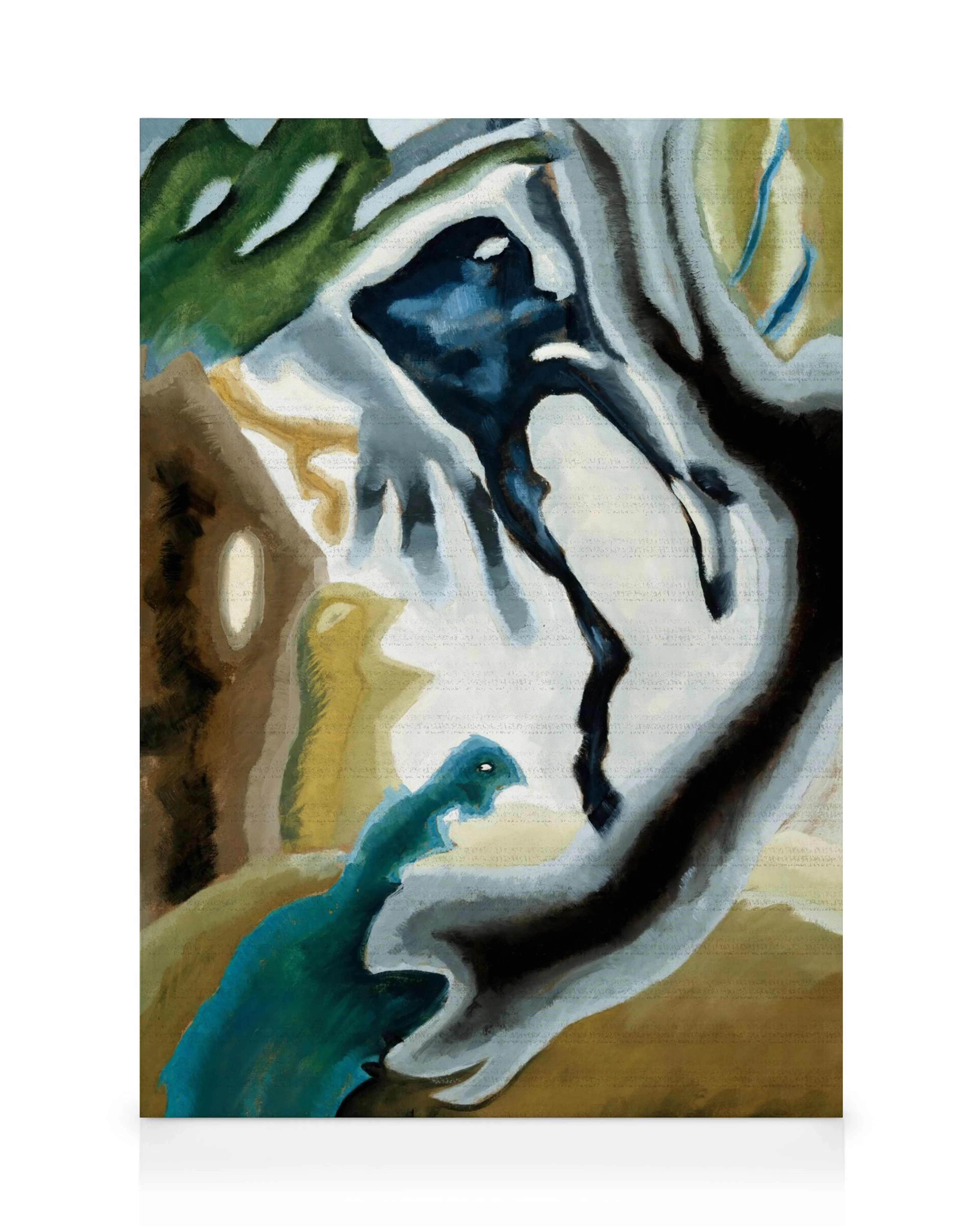 Arthur Doves Barnyard Fantasy, an abstract canvas art print featuring dark blue, brown, and green shapes on white.