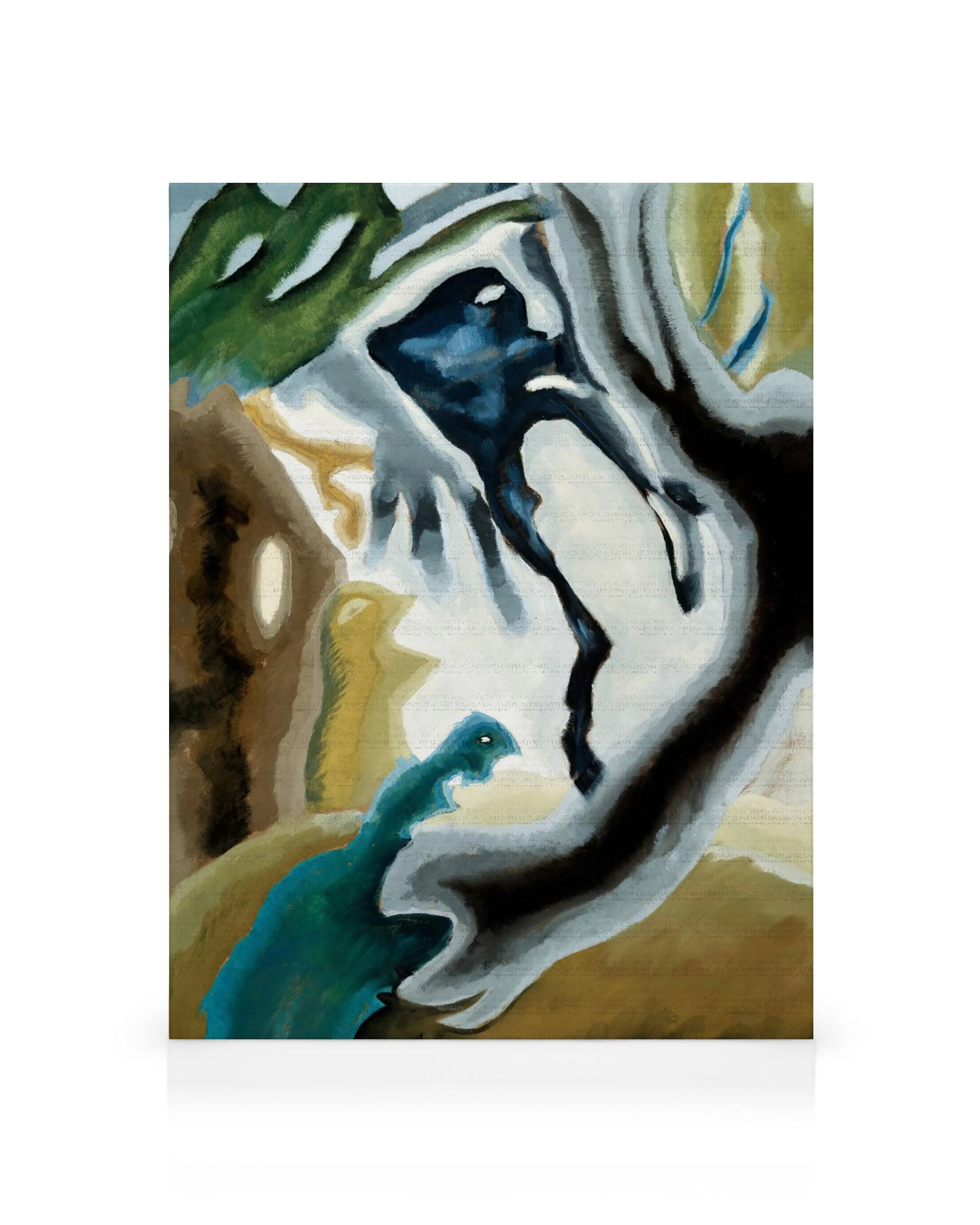 Abstraktes Landschaftsbild von Arthur Dove, Barnyard Fantasy, mit organischen Formen in Blau, Grün, Braun und Grau.