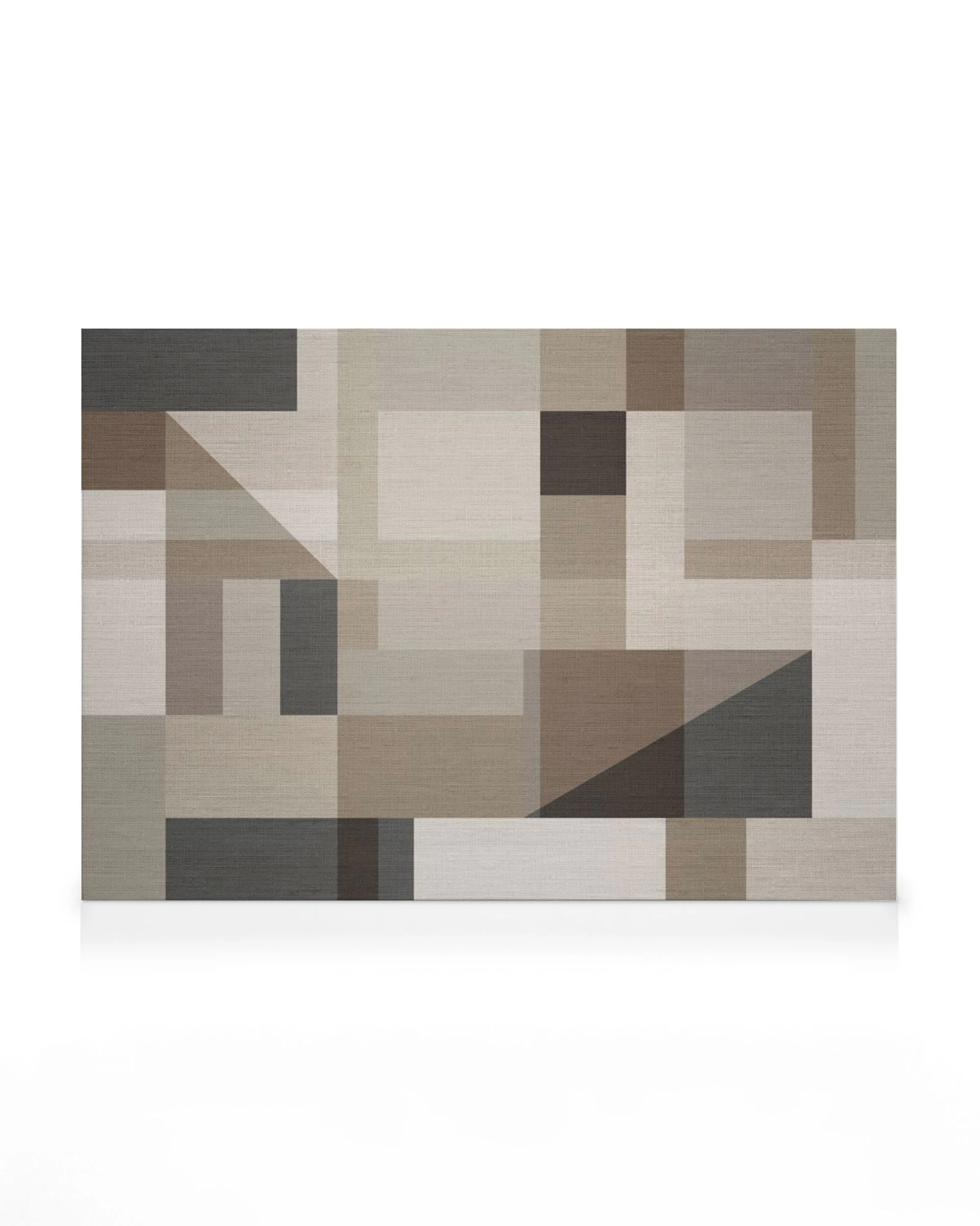 Lienzo geométrico rectangular con efecto de lino en tonos marrones y grises, estilo minimalista.