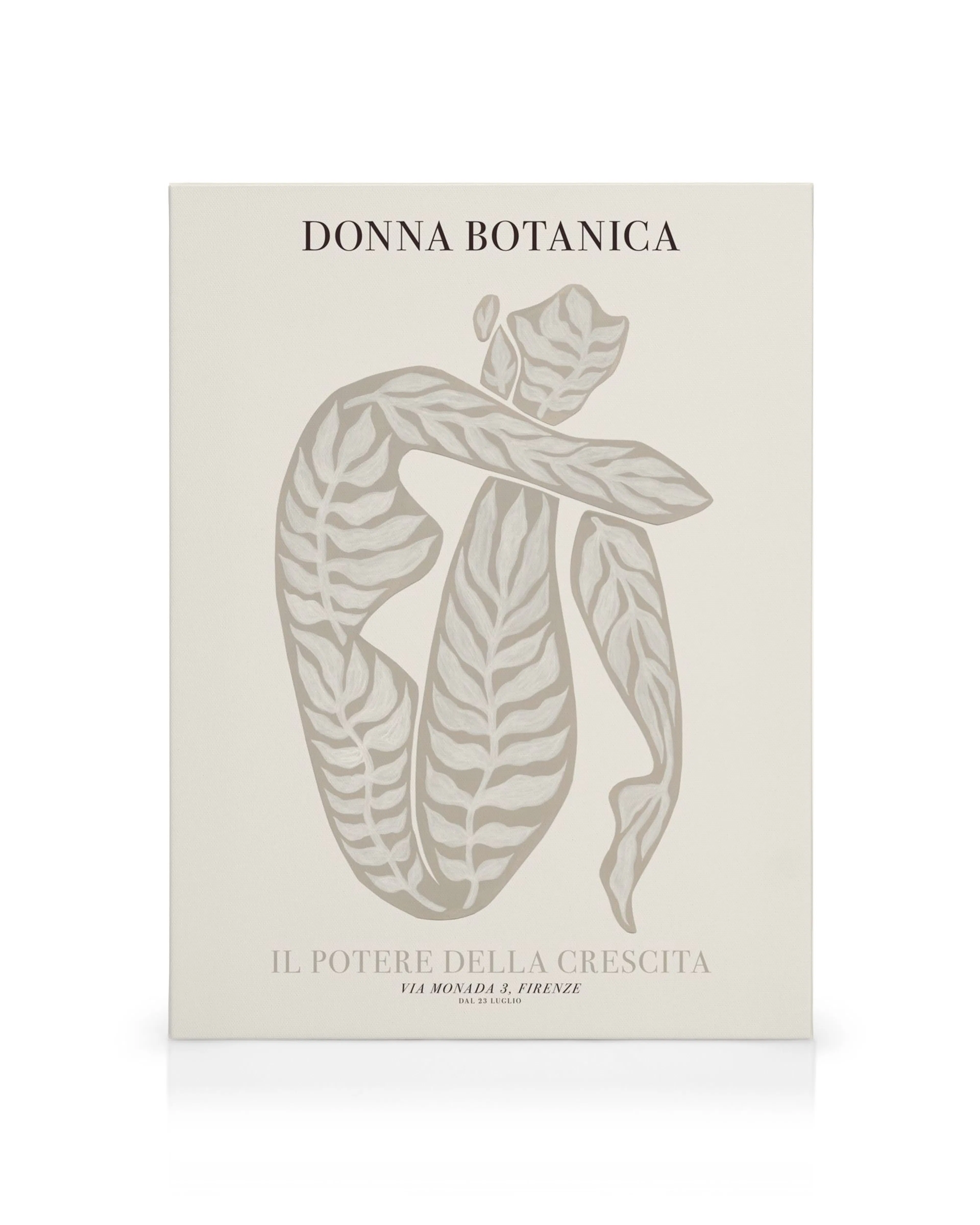 Lerret med abstrakt bladform i lysegrått på beige bakgrunn, med teksten DONNA BOTANICA øverst.