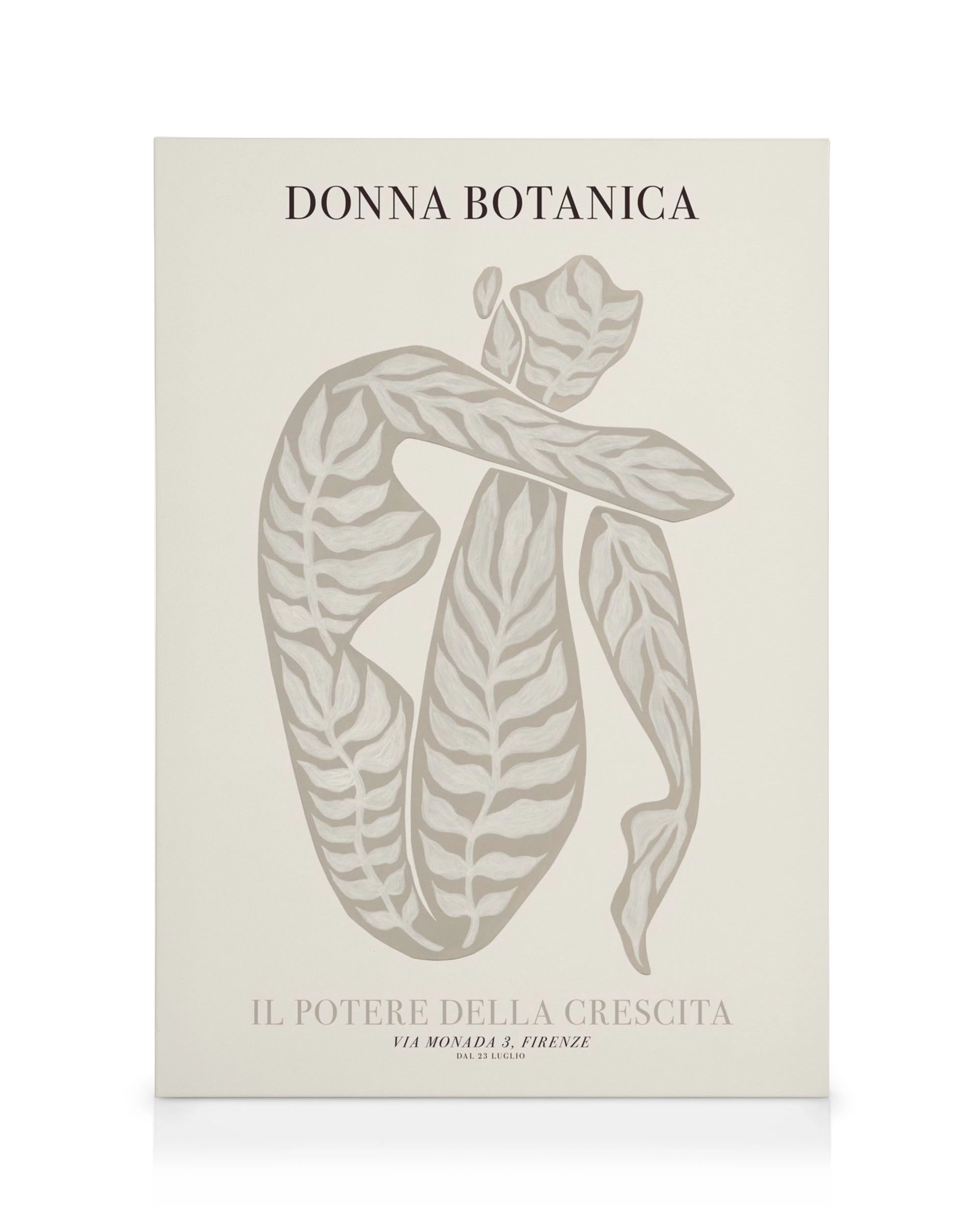 Canvastavla med kvinnoform bestående av botaniska mönster i beige och vitt, med texten DONNA BOTANICA.