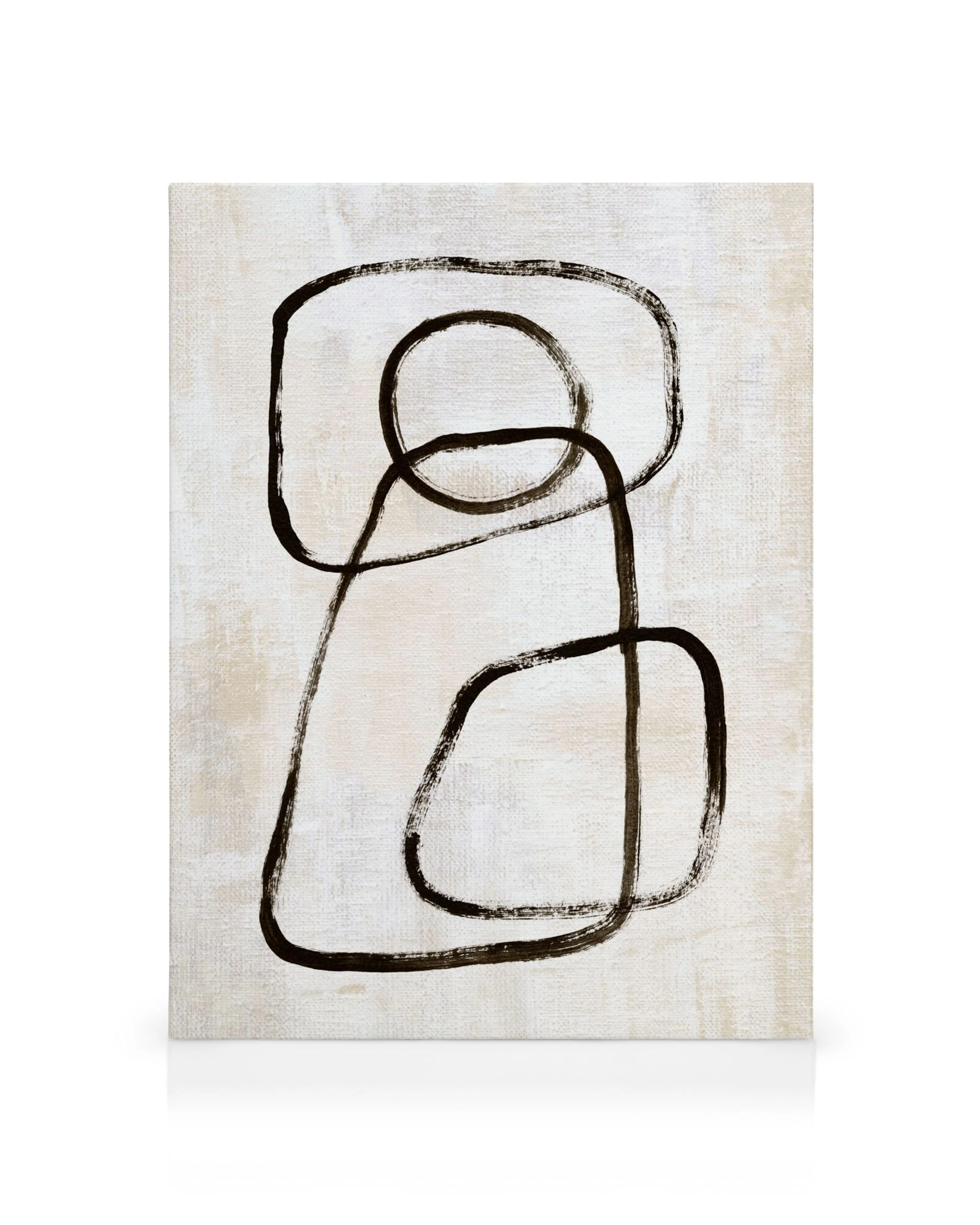 Toile abstraite en noir et blanc avec des formes organiques et des lignes épaisses pour une esthétique moderne et épurée.