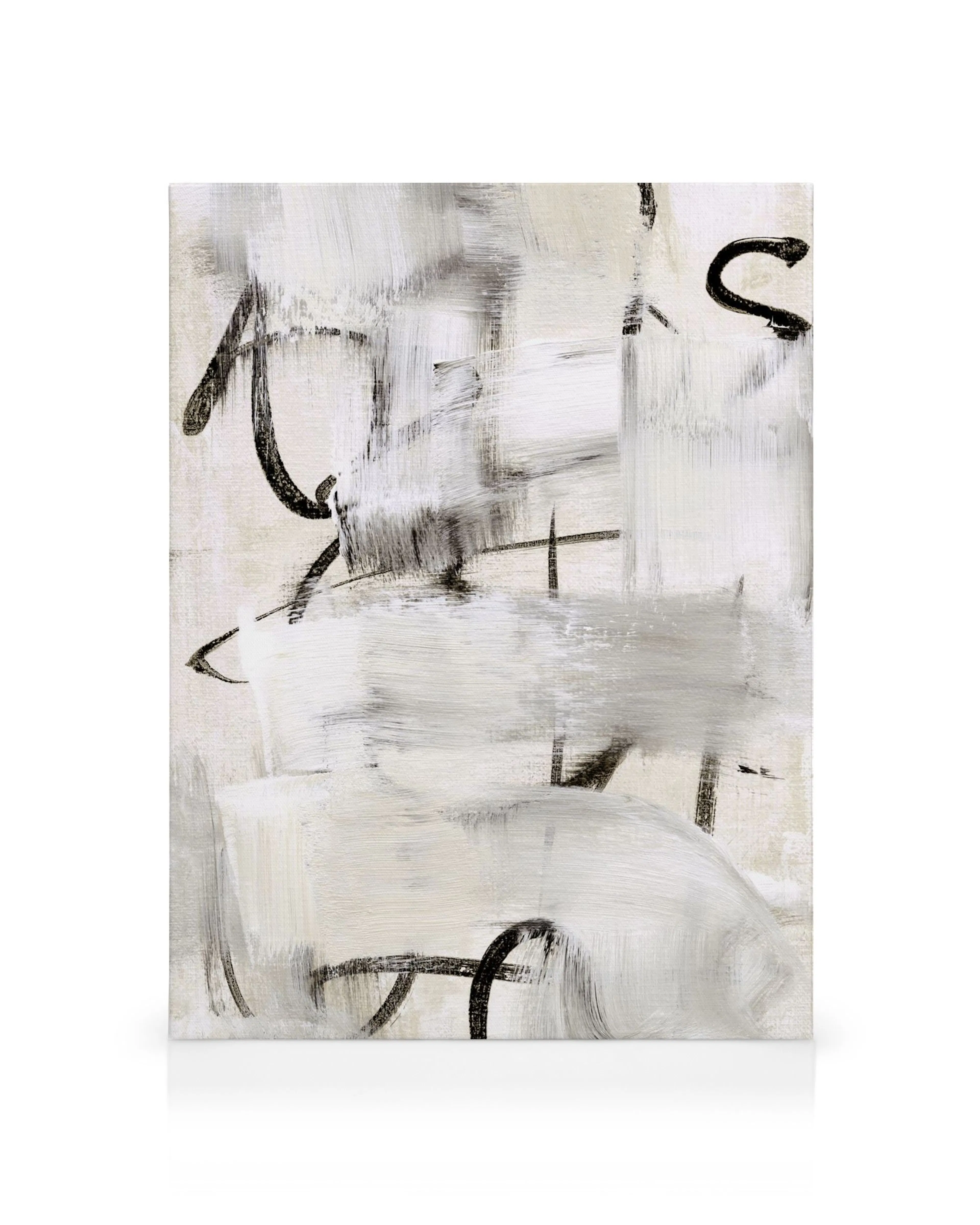 Toile abstraite noir et blanc, typographie moderne avec coups de pinceau épais