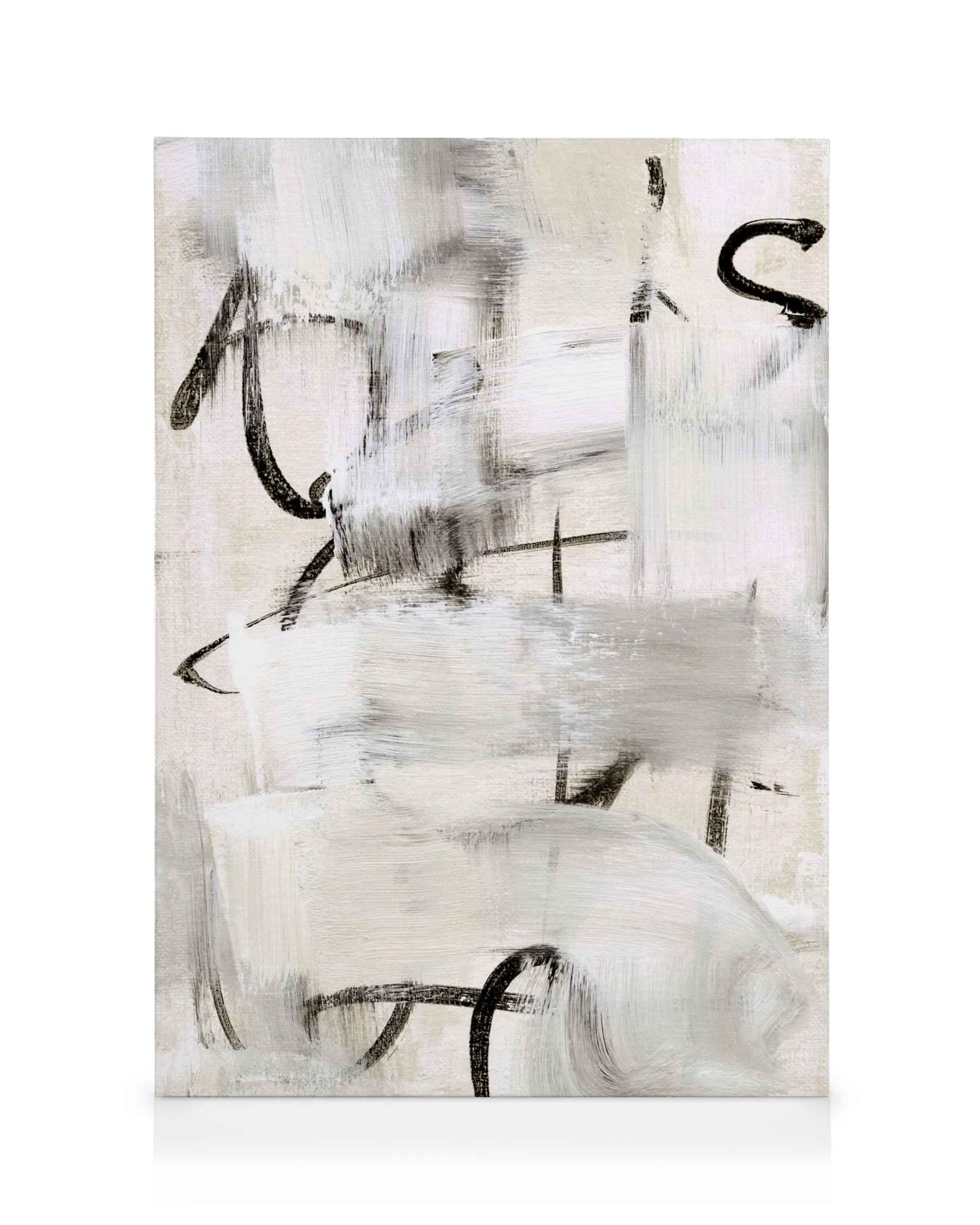 Abstraktes Leinwandbild in Monochromtönen mit schwarzen Pinselstrichen und grauen, weißen Farbfeldern für minimalistische Einric