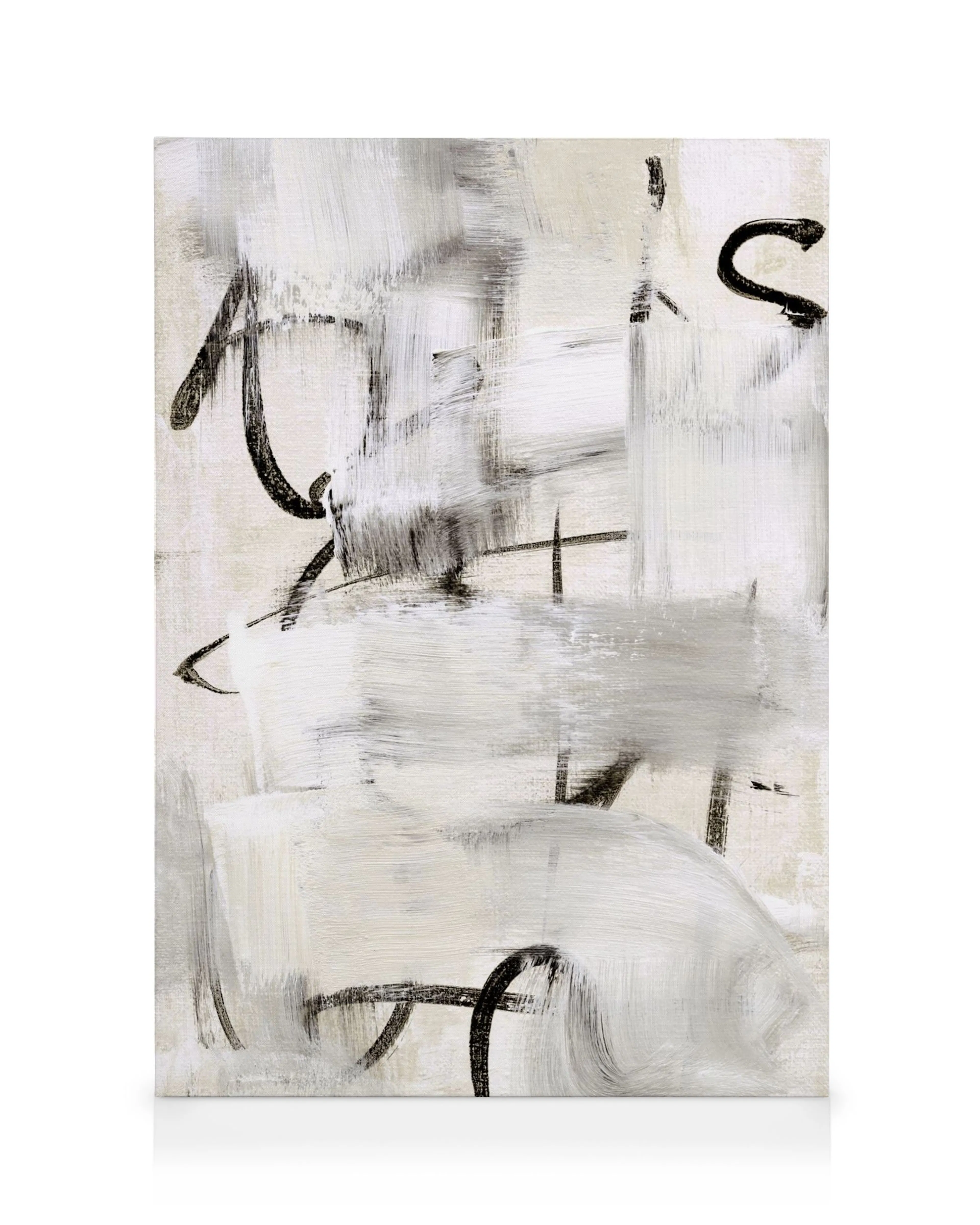 Abstraktes Leinwandbild in Monochromtönen mit schwarzen Pinselstrichen und grauen, weißen Farbfeldern für minimalistische Einric