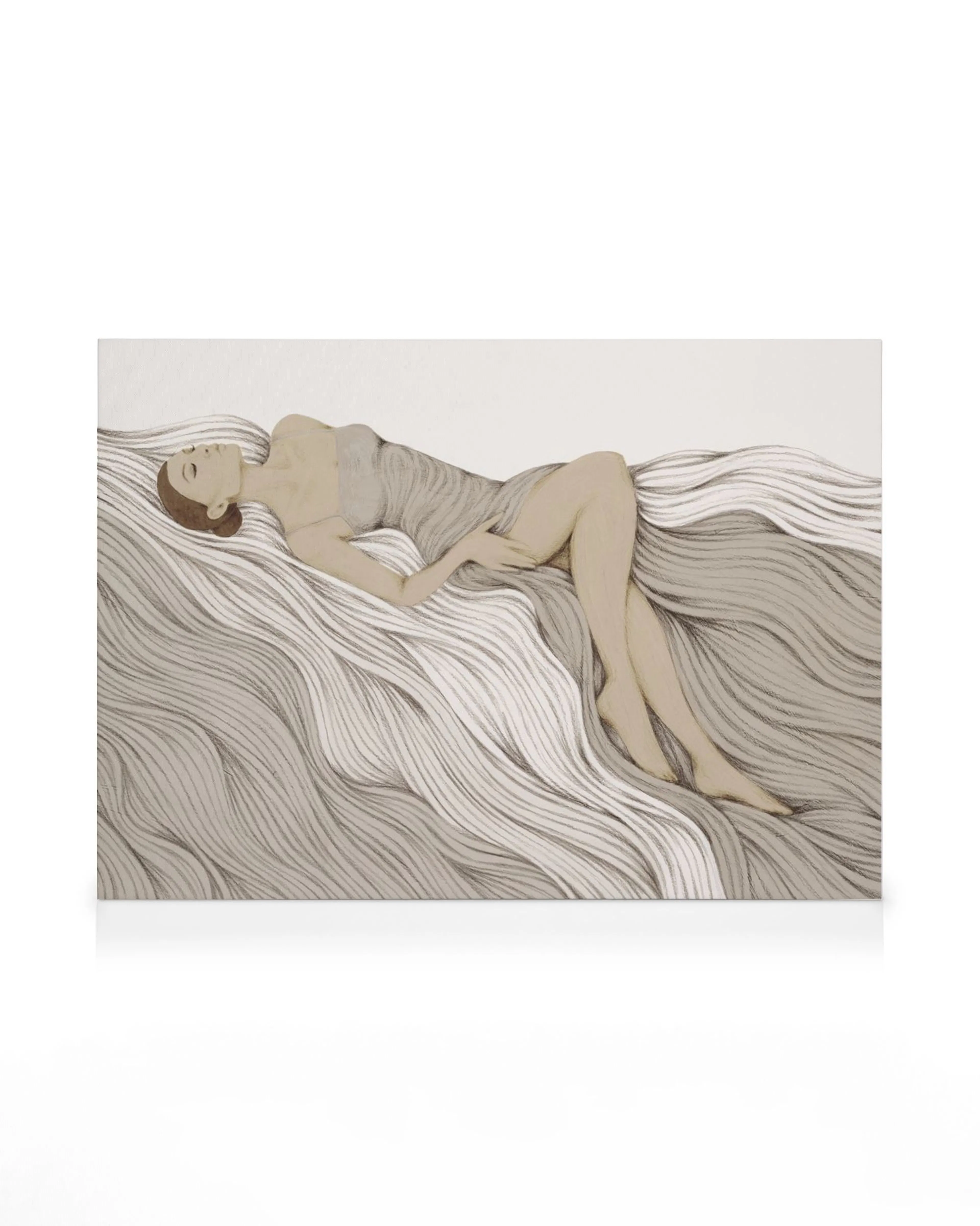 Female Flow canvas artwork: A woman in a flowing, ribboned dress gracefully reclines on a beige background with wavy lines, evok