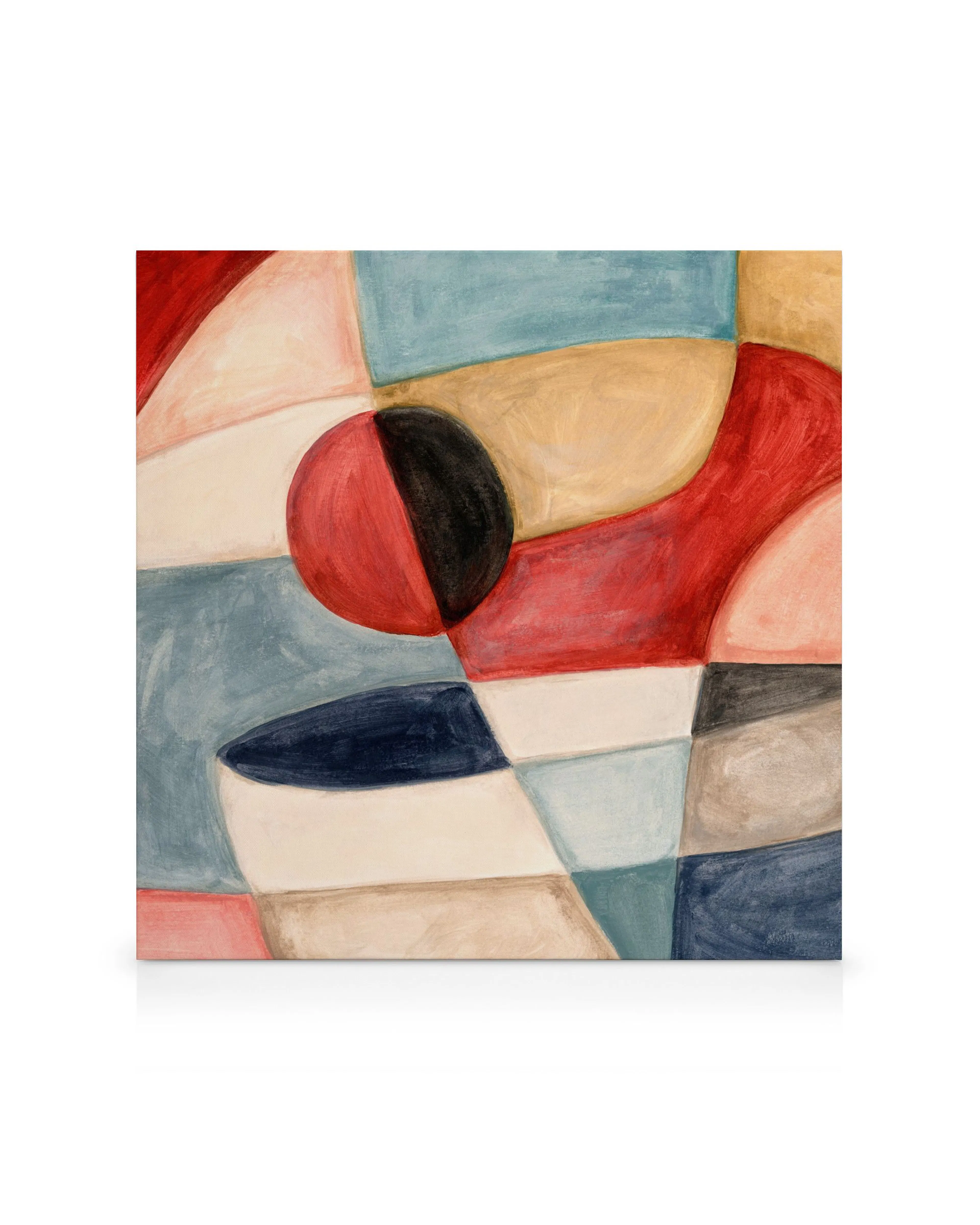 Stampa su tela cubista con blocchi di colore rosso, blu, crema e nero, forme astratte. Arte murale per interni.