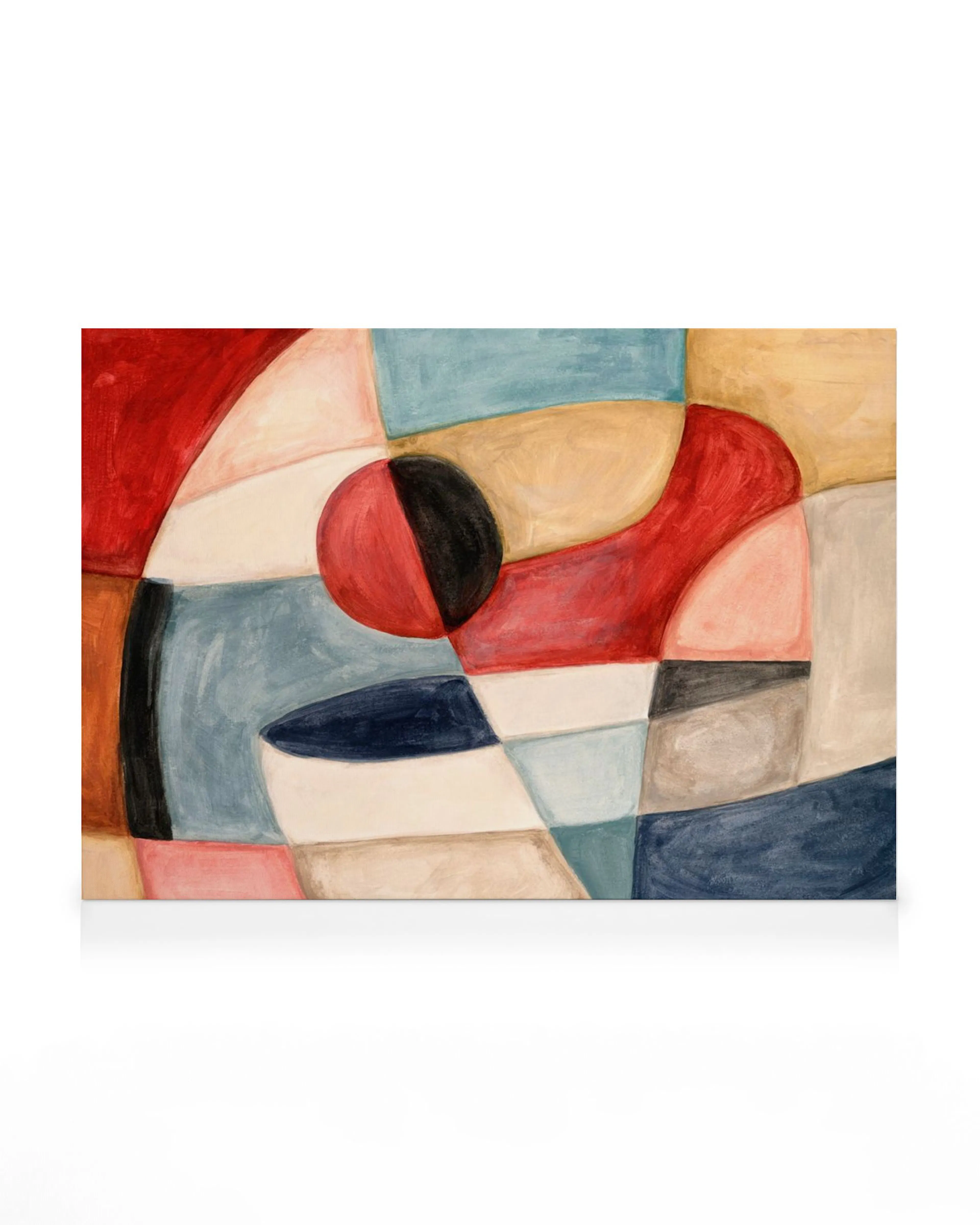 Cubism-inspired canvas print with bold red and blue geometric shapes, an expressive abstract art piece.