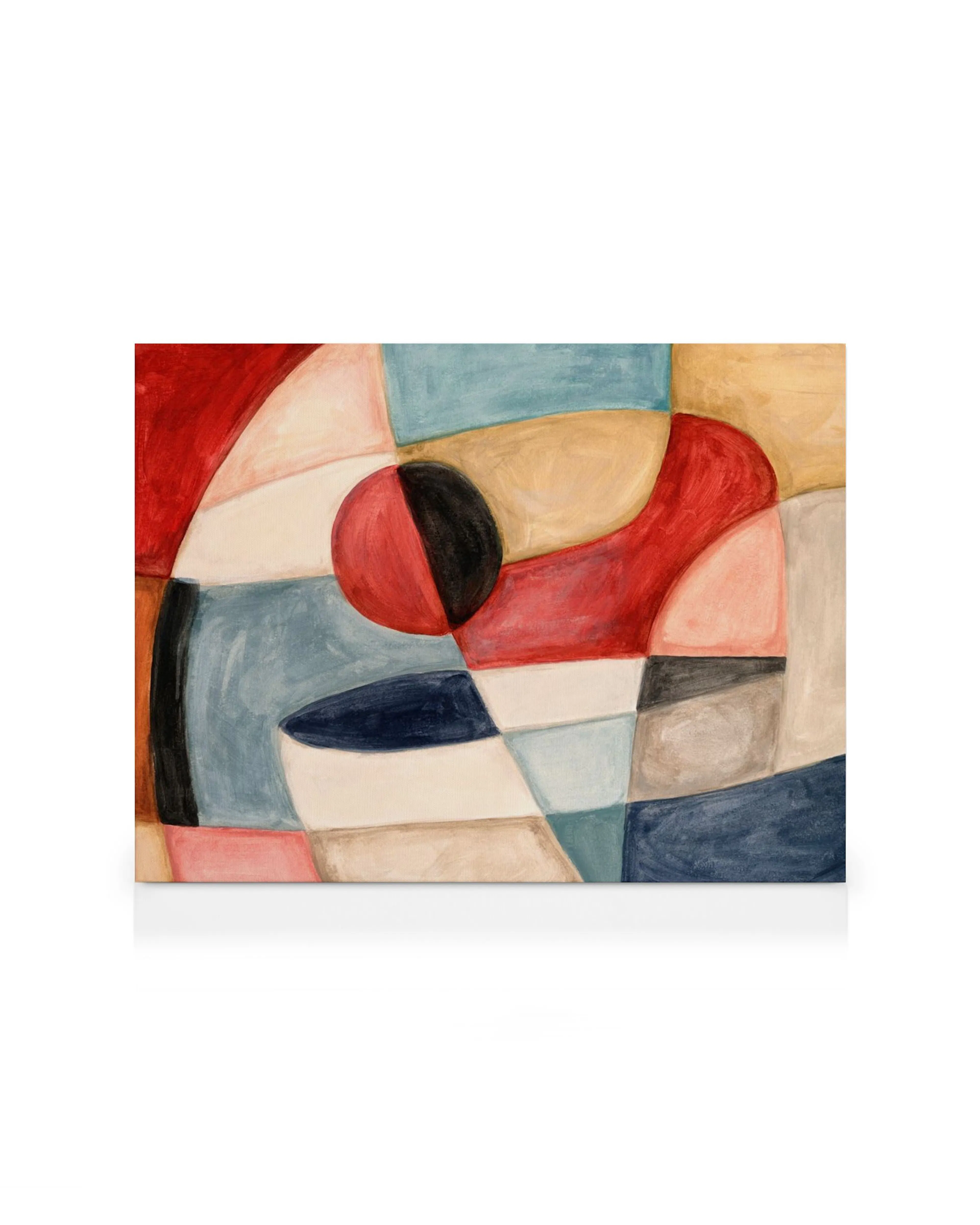 Lienzo cubista con formas geométricas y orgánicas en tonos rojos, azules, beige y blanco, con un círculo bicolor rojo y negro.