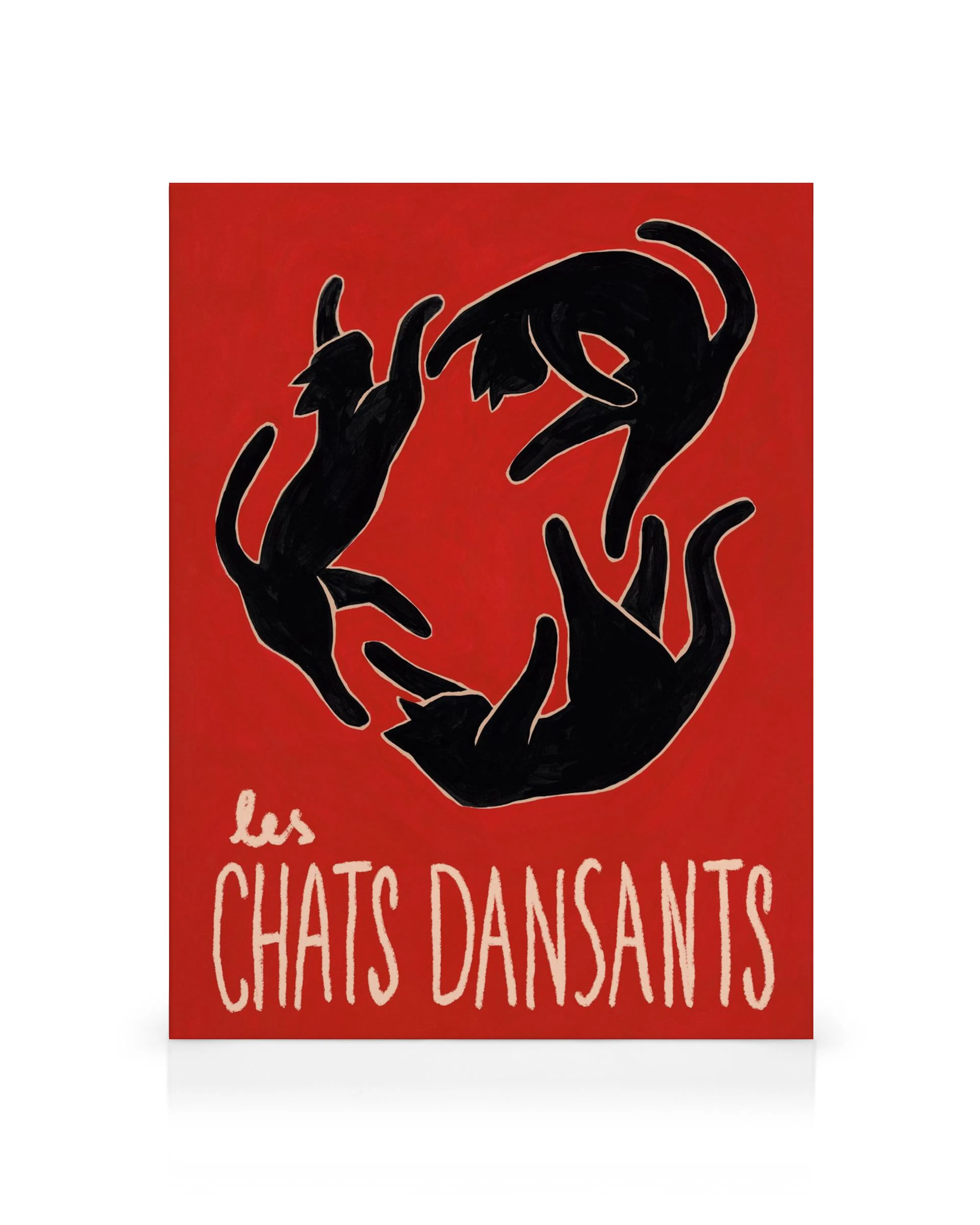 Rote Illustration von drei tanzenden schwarzen Katzen im französischen Stil, die sich auf rotem Hintergrund bewegen.
