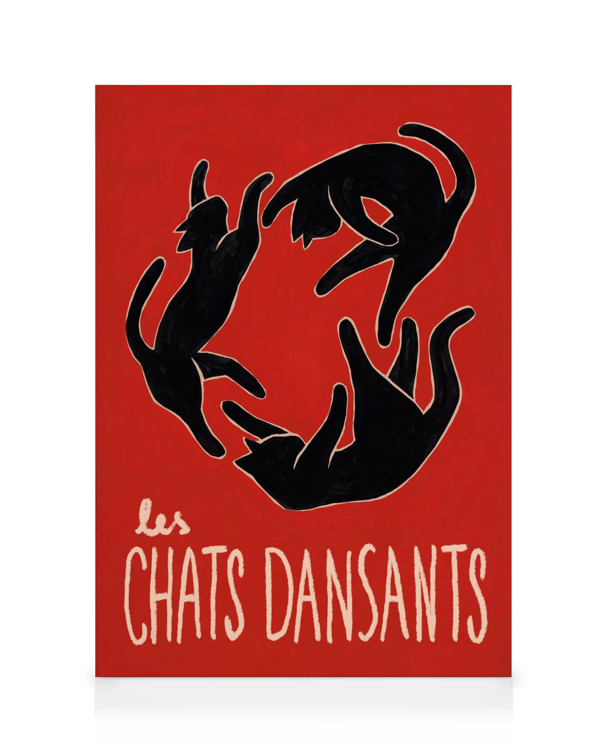 Rotes Leinwandbild mit drei schwarzen, tanzenden Katzen in französischer Illustration, Schriftzug les CHATS DANSANTS