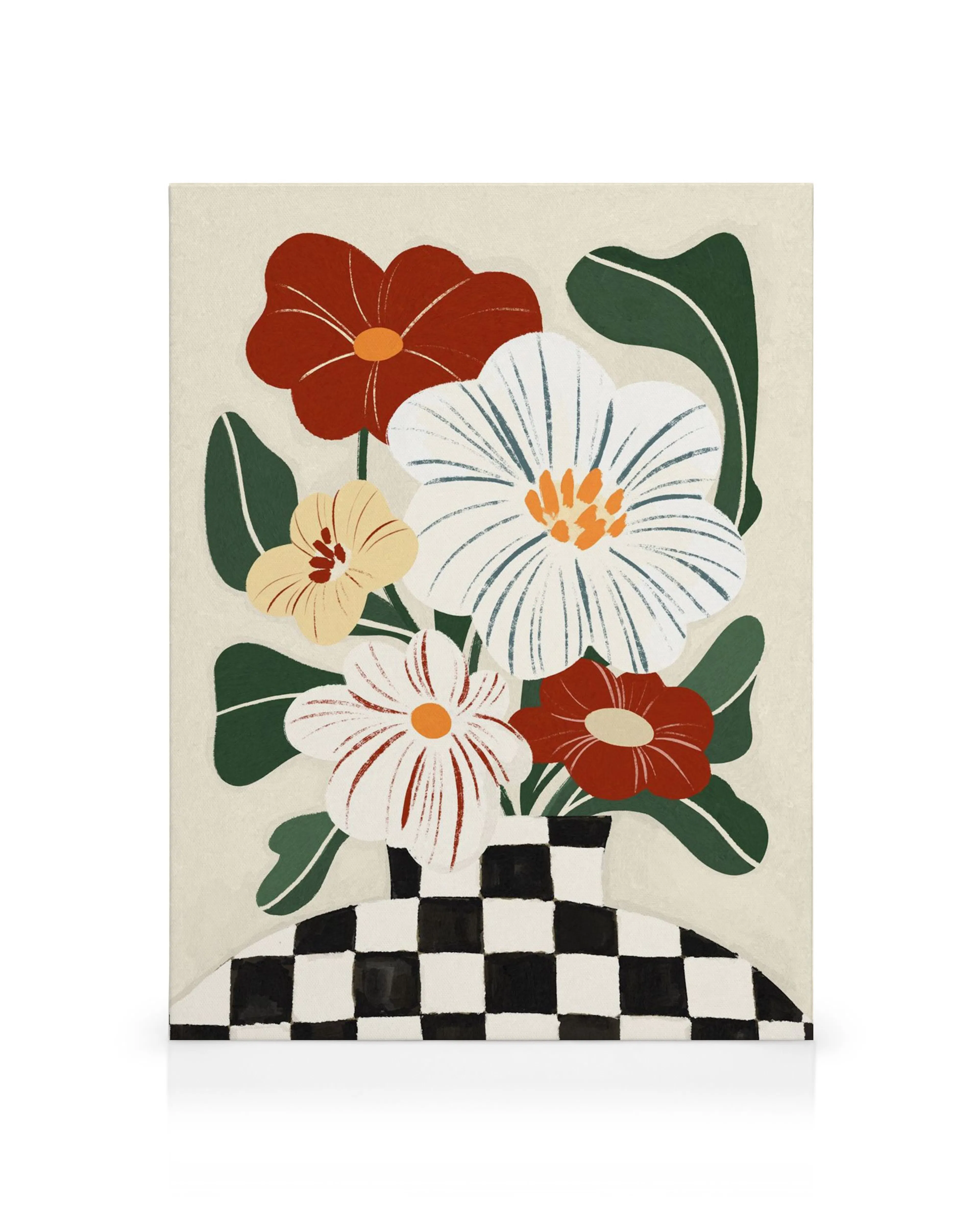 Lienzo de ramo floral con flores rojas, blancas y amarillas en un jarrón de cuadros blancos y negros, estilo ilustración.