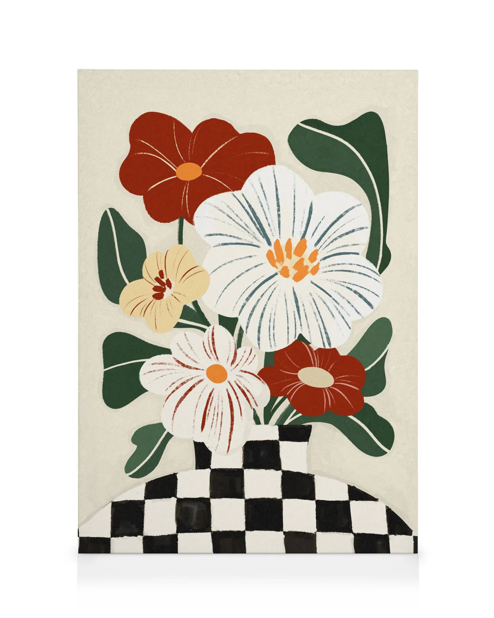 Leinwandbild mit Blumenstrauß in Schachbrett-Vase, rote, weiße, gelbe Blüten, grüne Blätter. Florales Design für Wohnkultur.