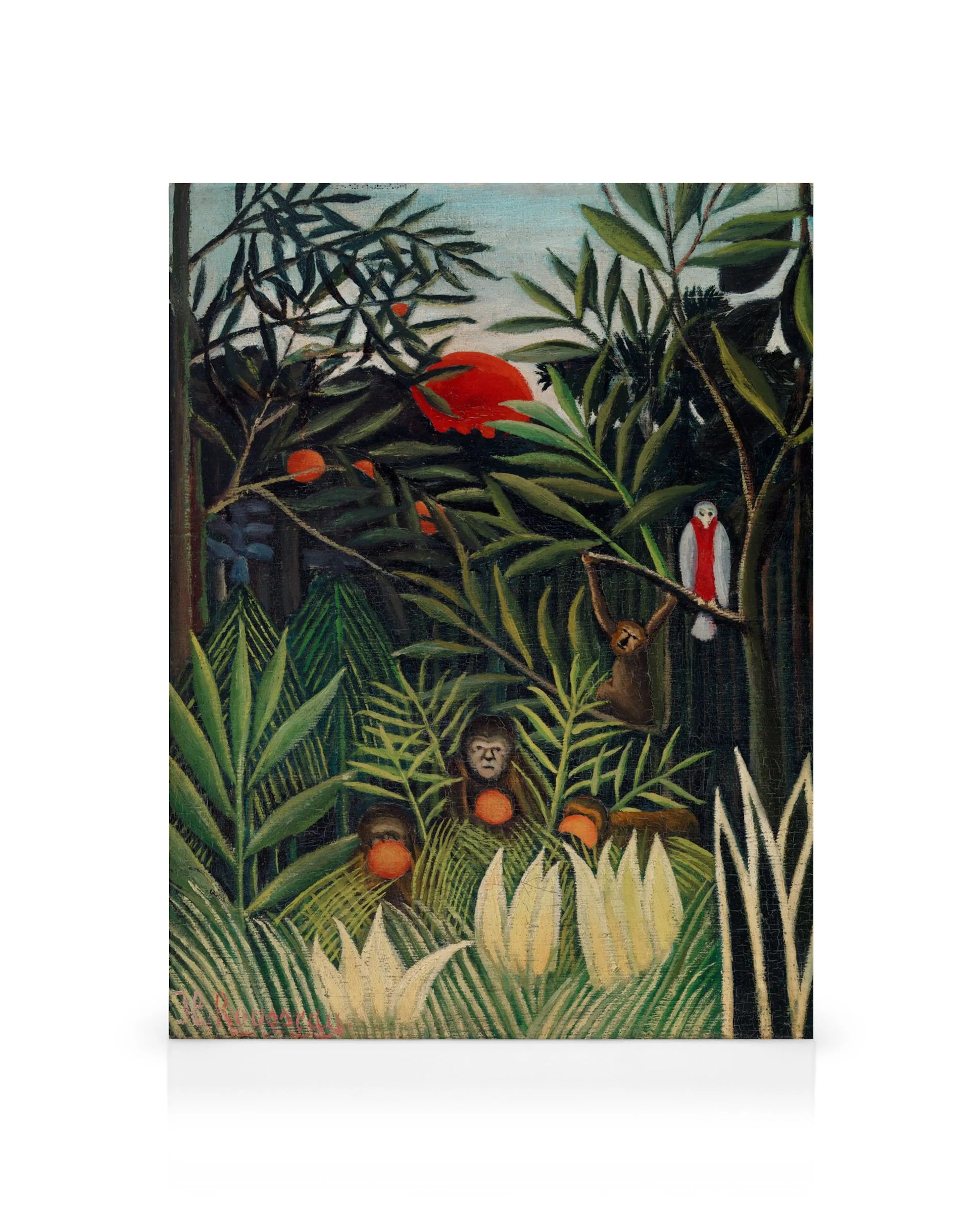 Lienzo de Rousseau: Monos y loro en la selva virgen. Pintura estilo naíf con jungla, monos, loro y sol rojo. Arte jungla.