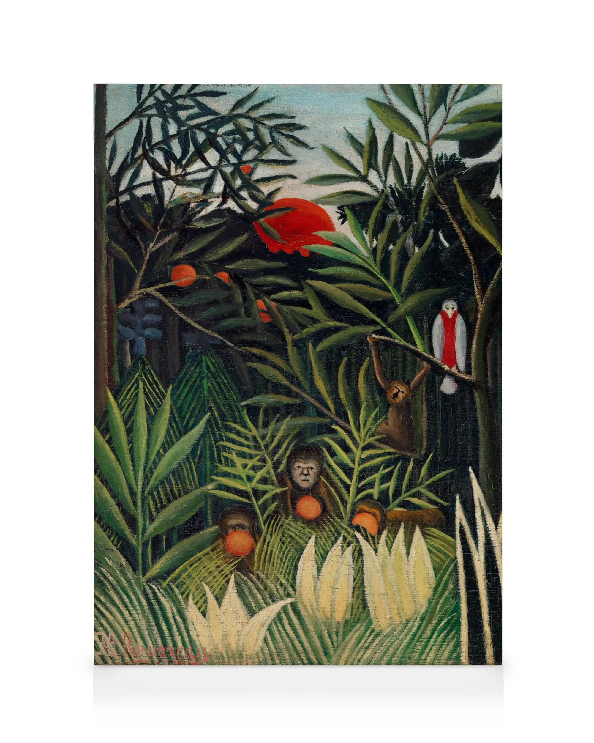 Rousseau Dschungel-Leinwandbild mit Affen und Papagei in üppiger, dunkler Vegetation und roter Sonne.