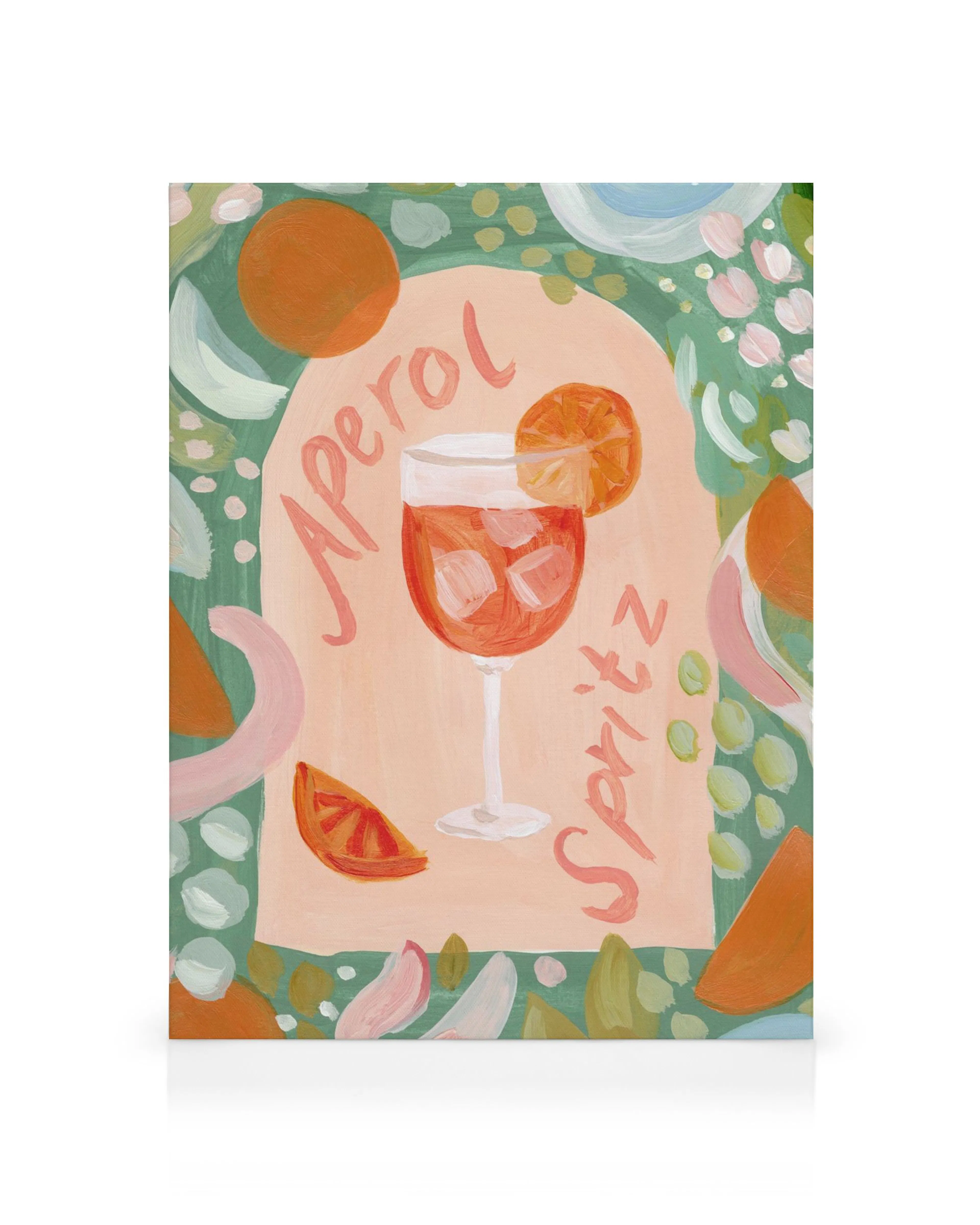 Lienzo de un Aperol Spritz decorado con una rodaja de naranja, cubitos de hielo y pinceladas abstractas de colores cálidos.