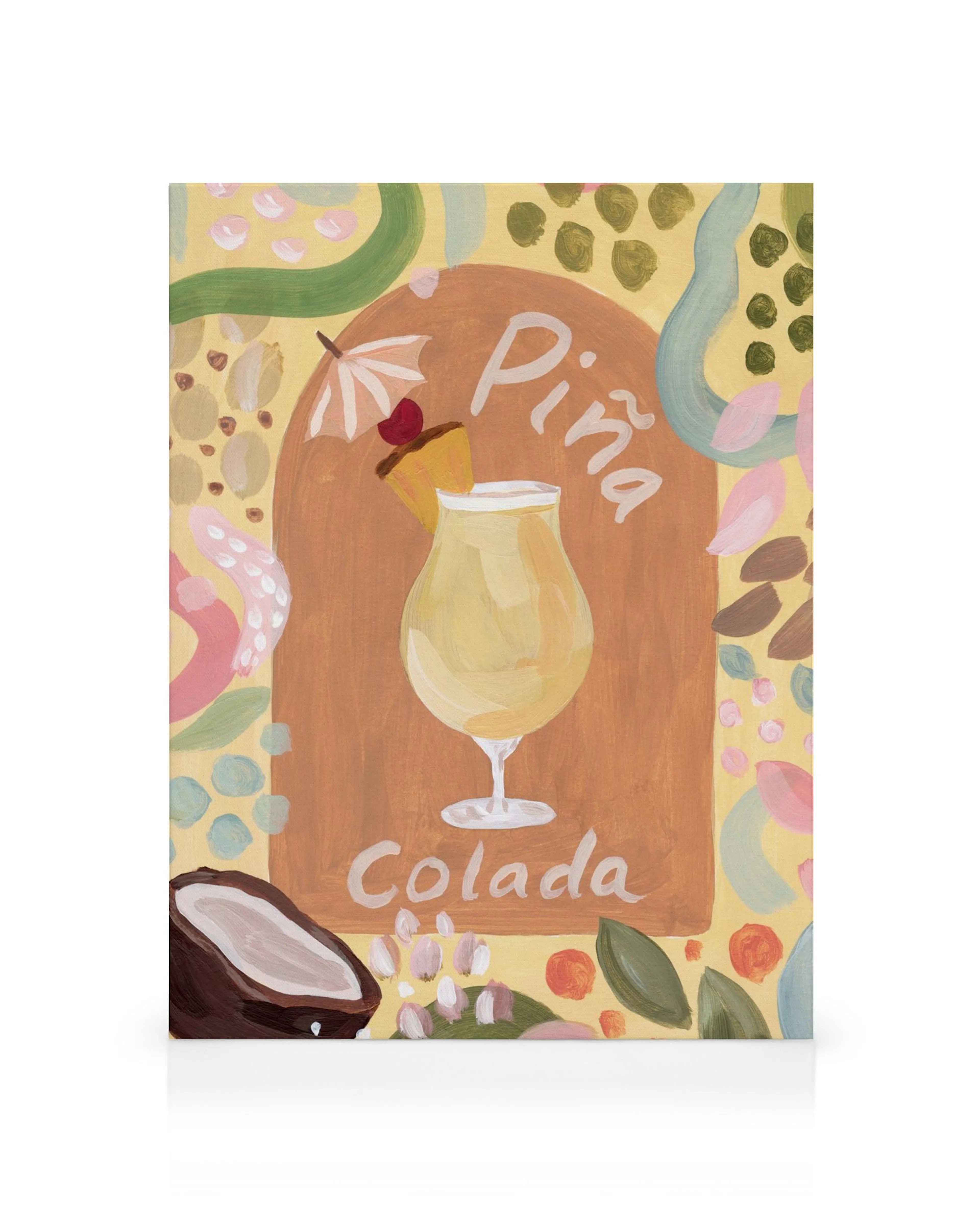 Lærred med illustreret Piña Colada drink, ananas og kokosnød i tropisk stil. Perfekt til sommerlig indretning.