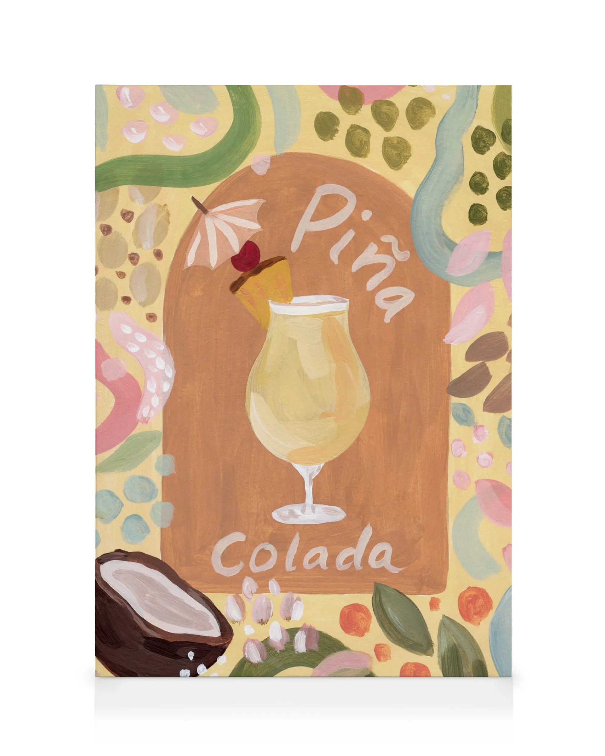 Toile avec une illustration dune Piña Colada et dune noix de coco, entourée de formes abstraites et de typographie
