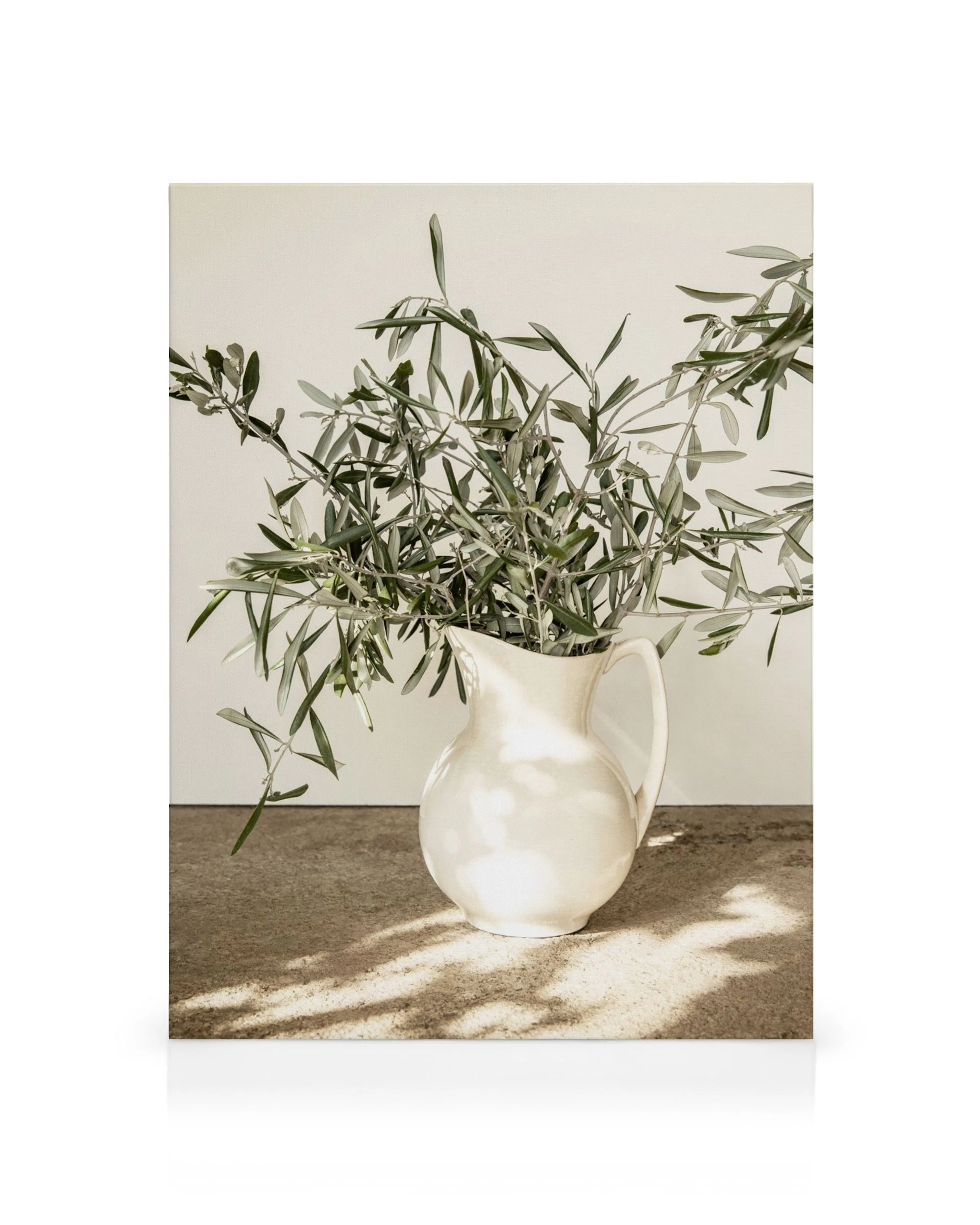 Jarrón blanco con ramas de olivo, decoración natural del hogar
