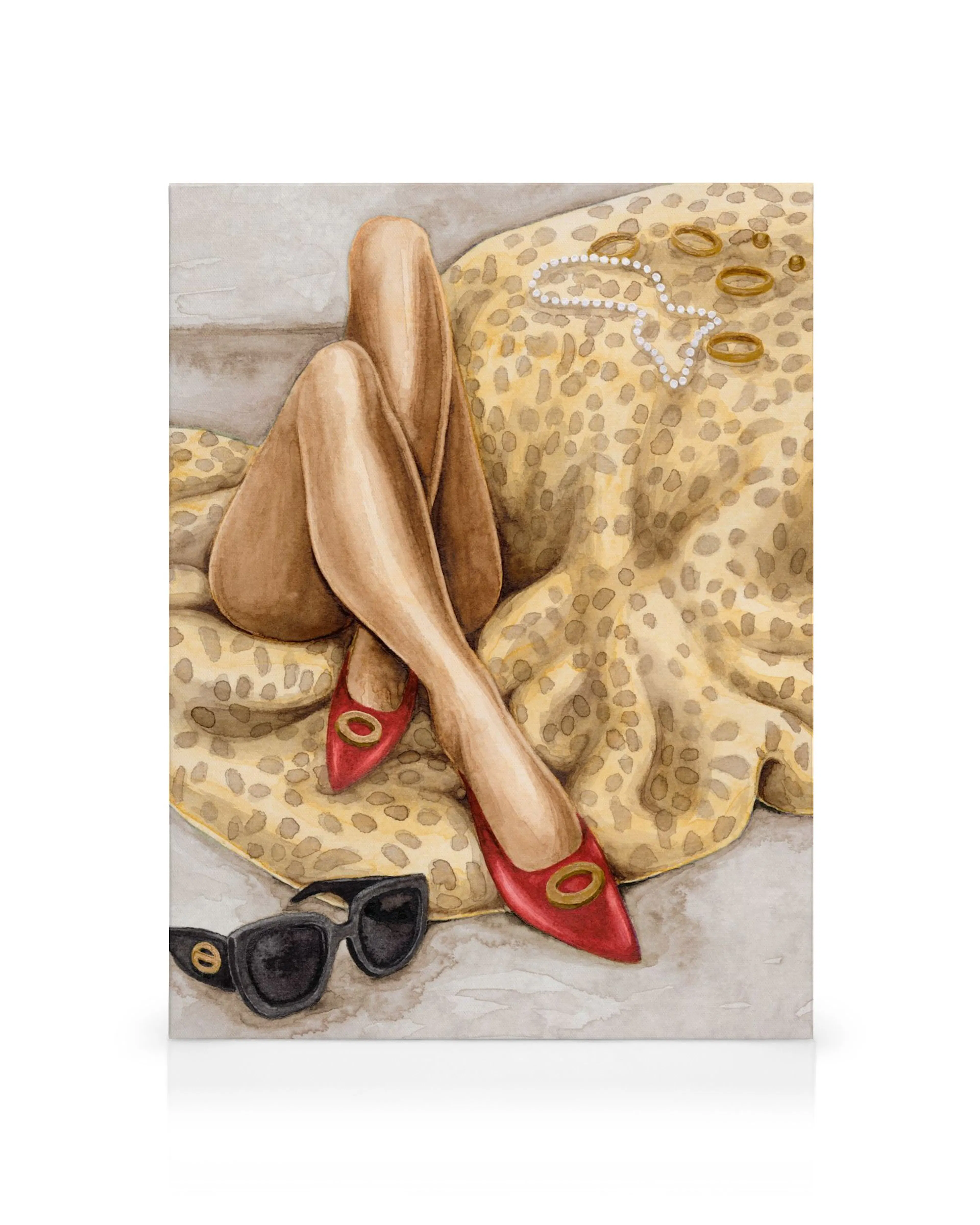 Watercolor painting of a girlies legs with red shoes on a leopard print blanket. Fashion accessories are scattered nearby.