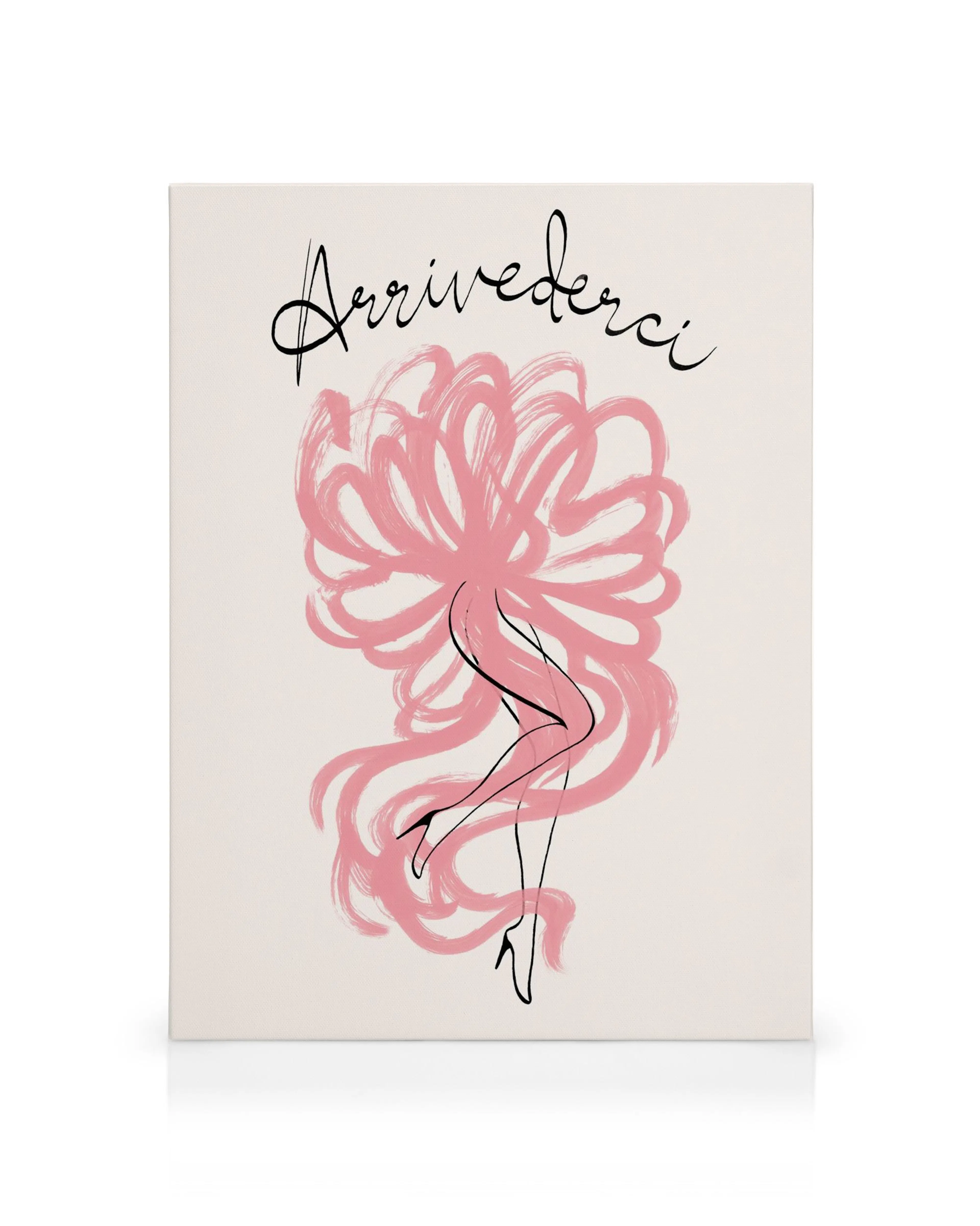Canvas print of abstract pink brush strokes with stylized black outline of female legs and Arrivederci text.