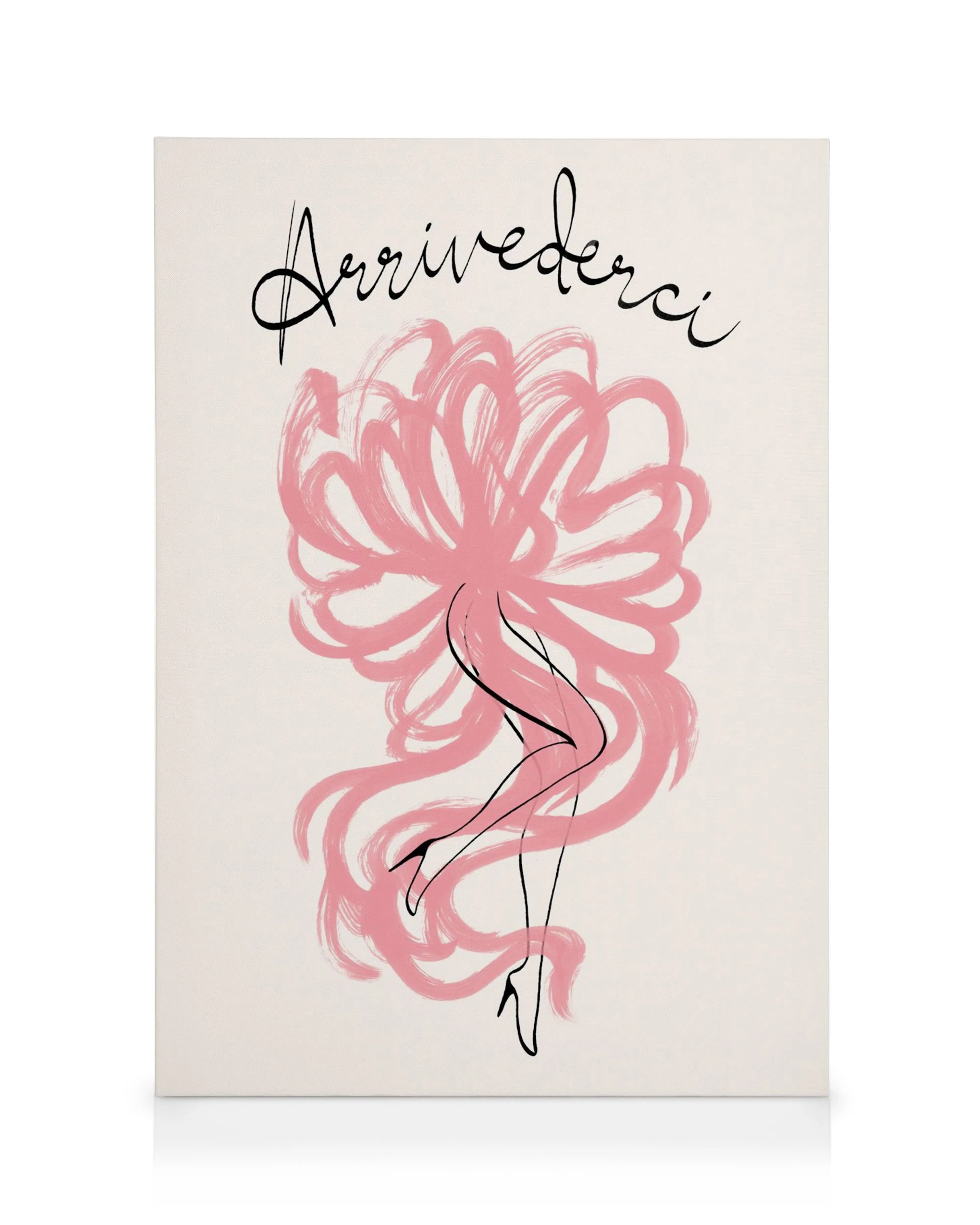 Arrivederci-canvastavla med rosa abstrakt penseldrag och eleganta svarta konturer av kvinnoben