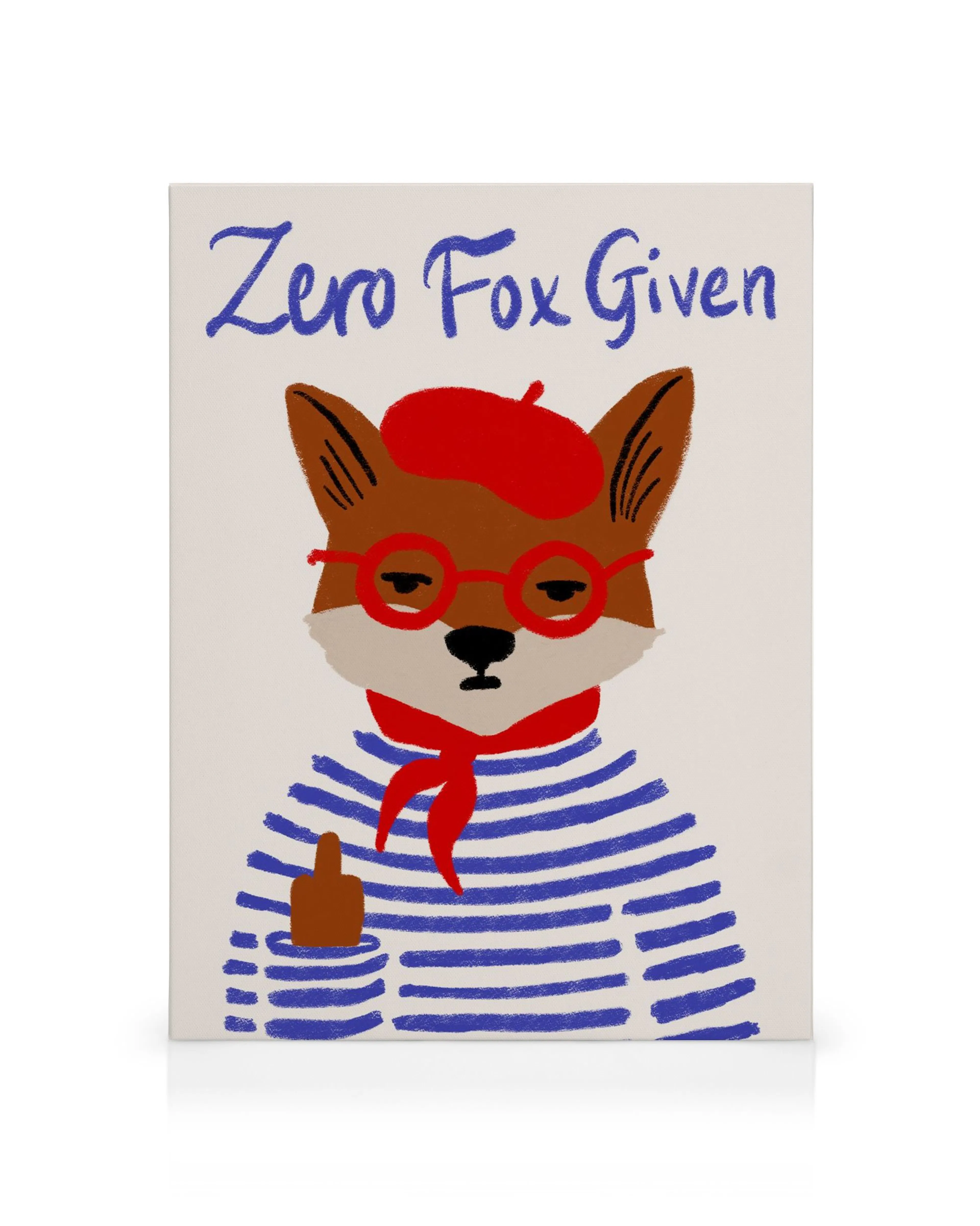 Toile avec un renard roux portant un béret rouge, des lunettes et une marinière, faisant un doigt dhonneur et la typographie Zer